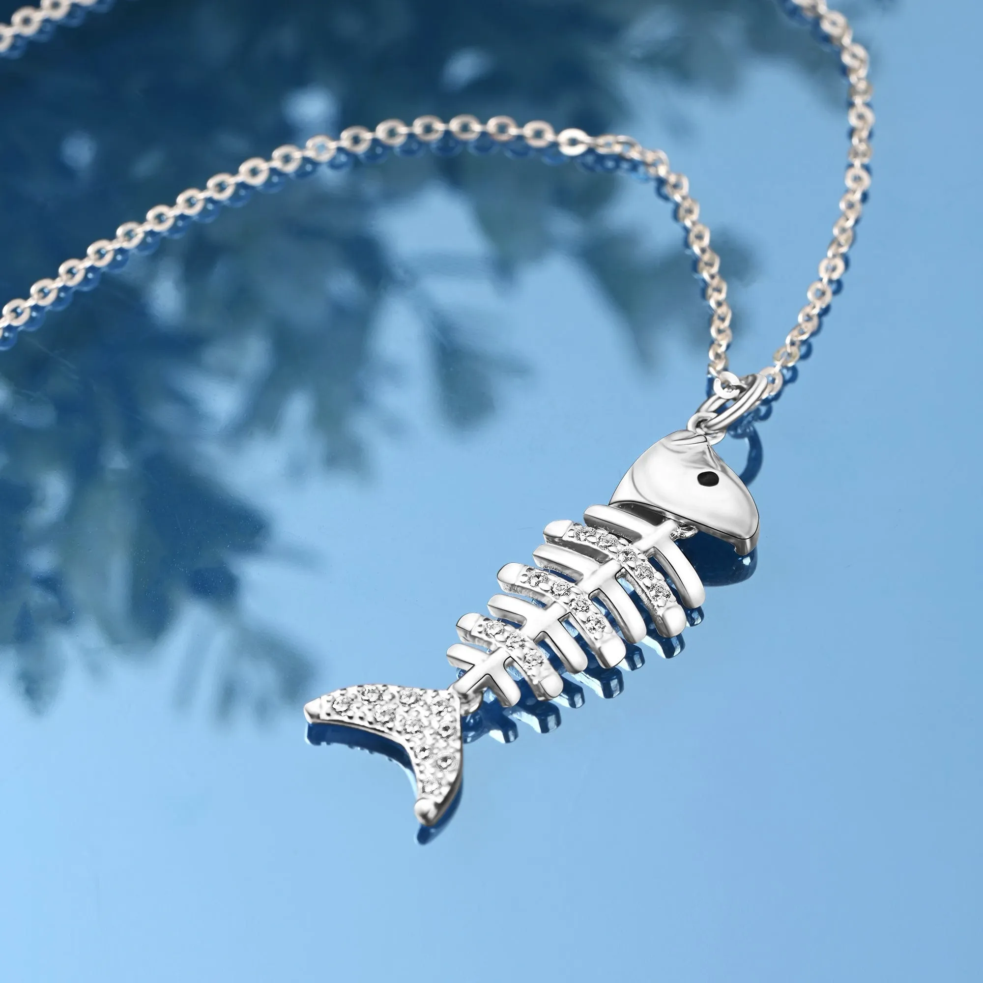 CZ Fishbone Sterling Silver Necklace Pendant