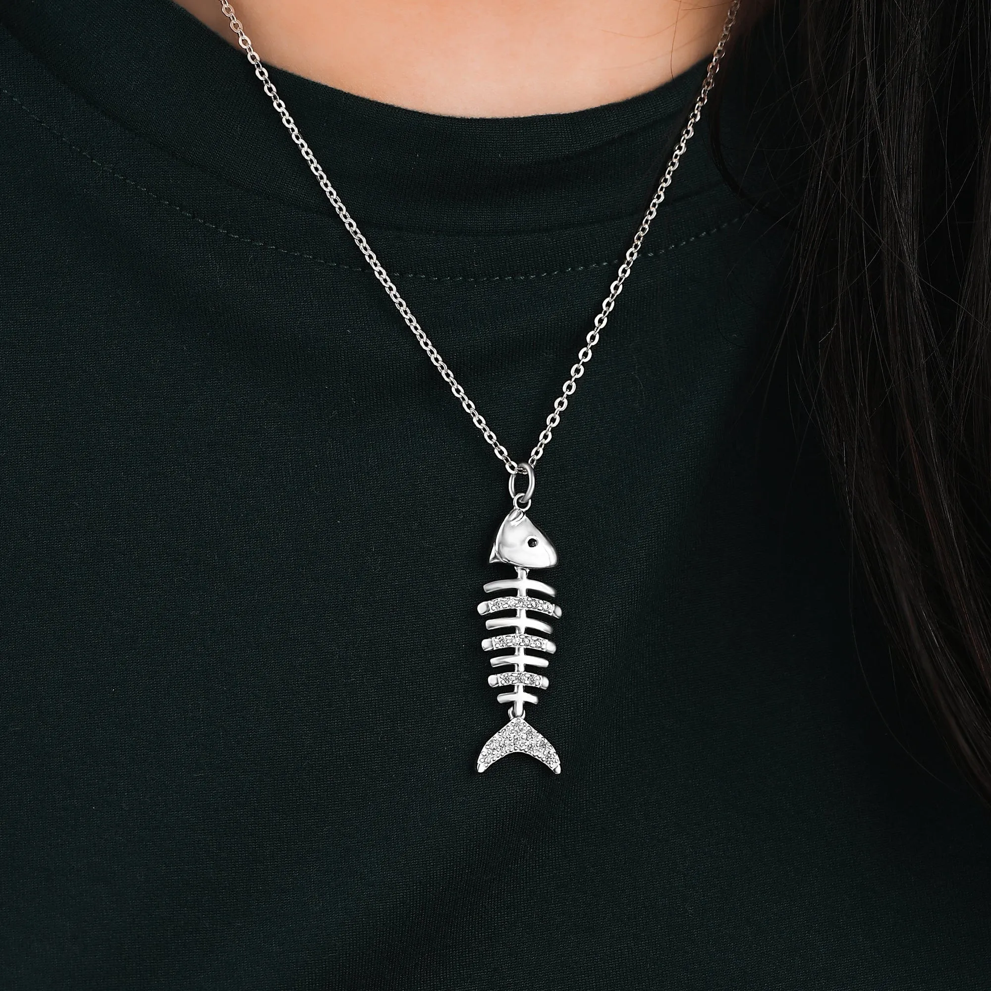 CZ Fishbone Sterling Silver Necklace Pendant