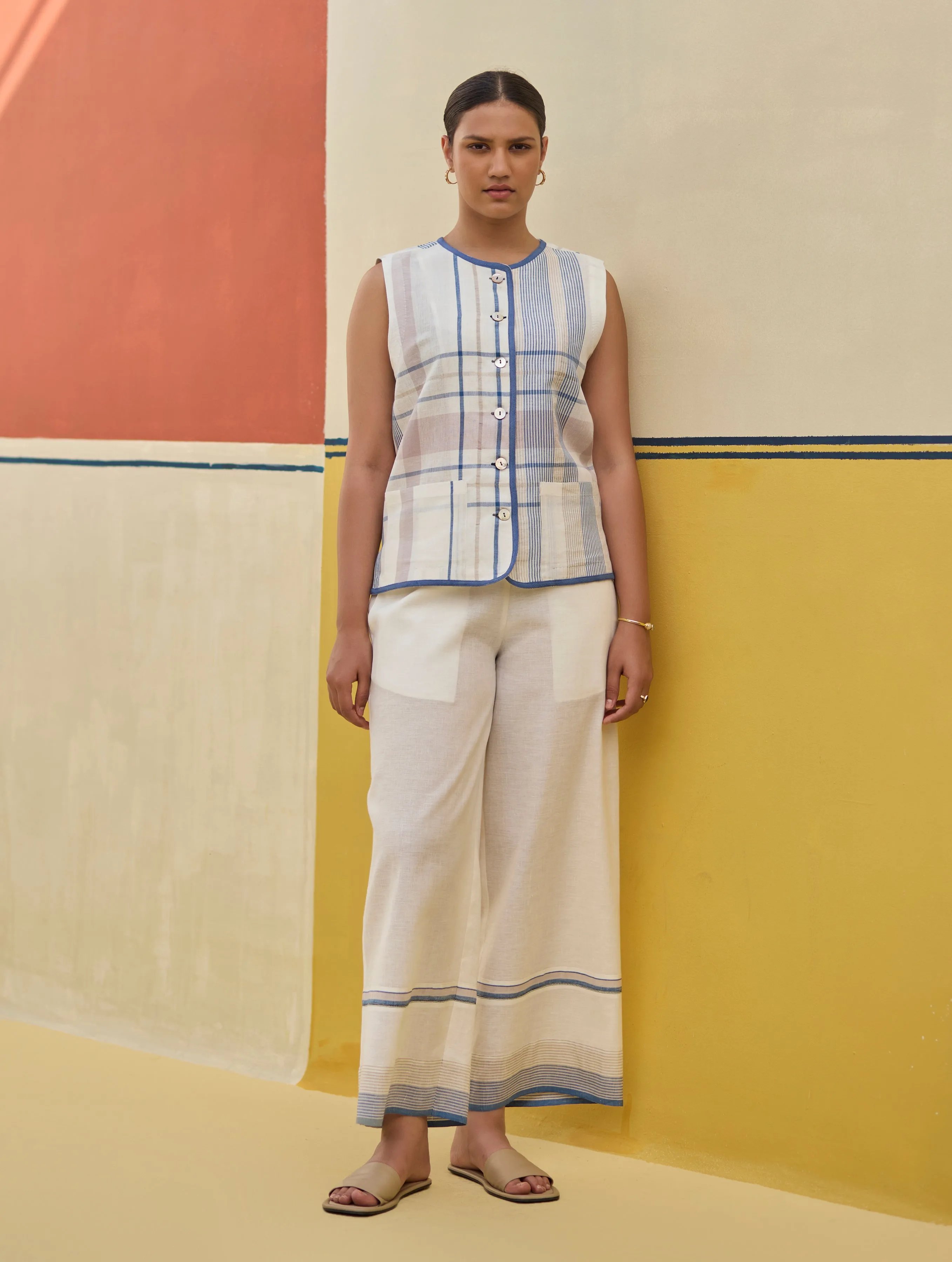 Dana Check Linen Waistcoat - Ivory