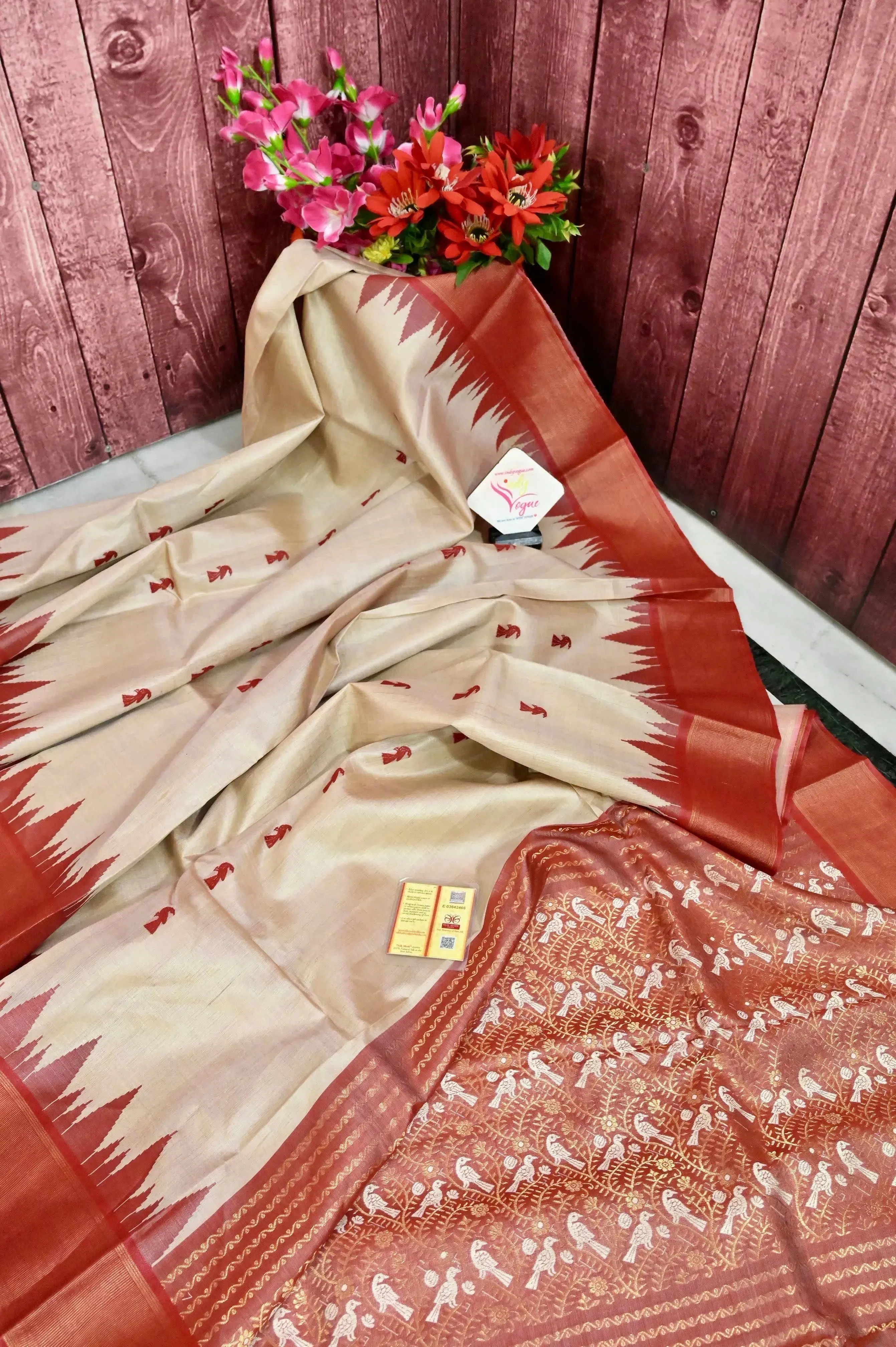 Dark Cream Color Tussar Silk with Allover Red Buti with Temple Border and Zari Weaving