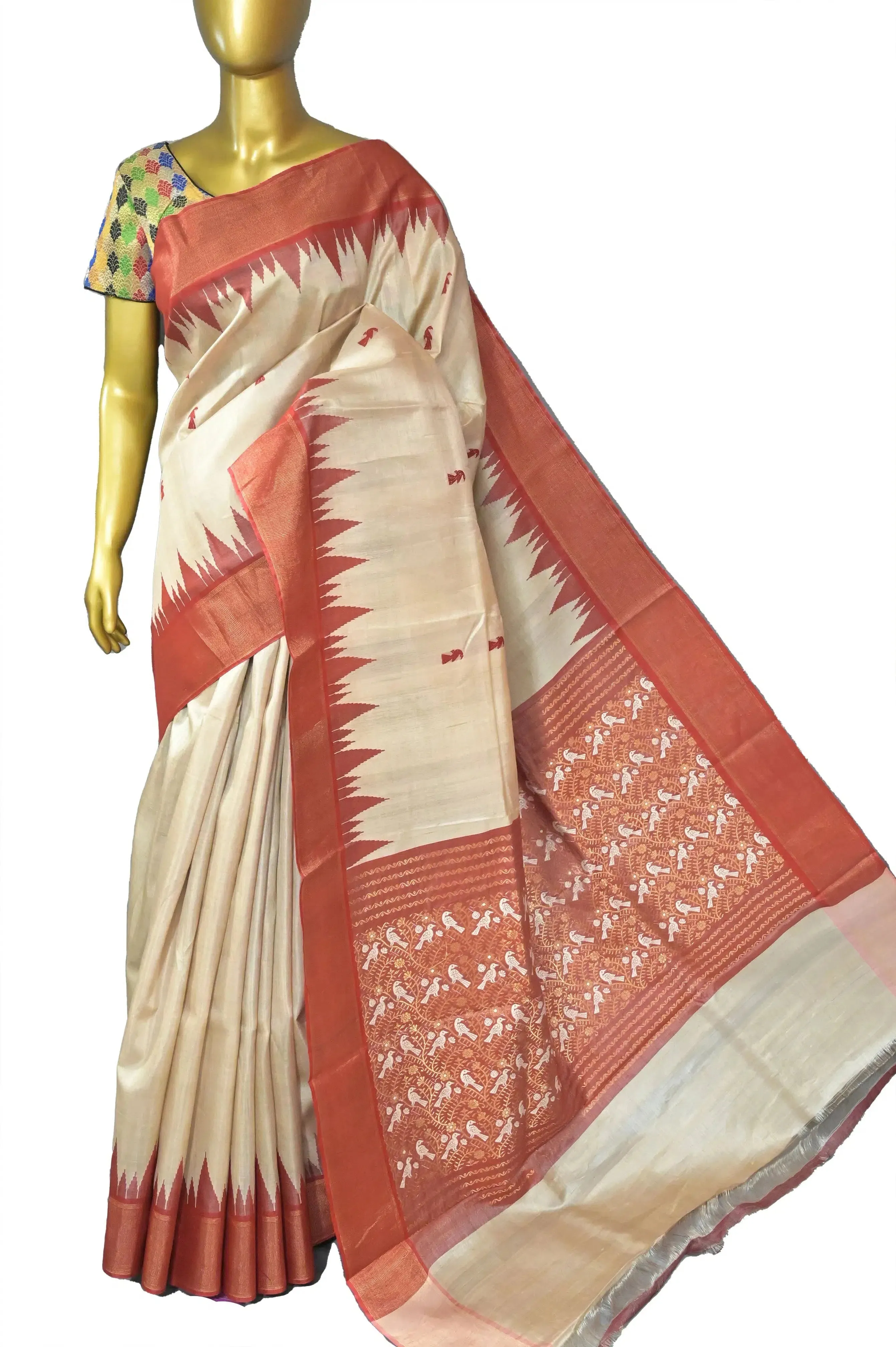 Dark Cream Color Tussar Silk with Allover Red Buti with Temple Border and Zari Weaving