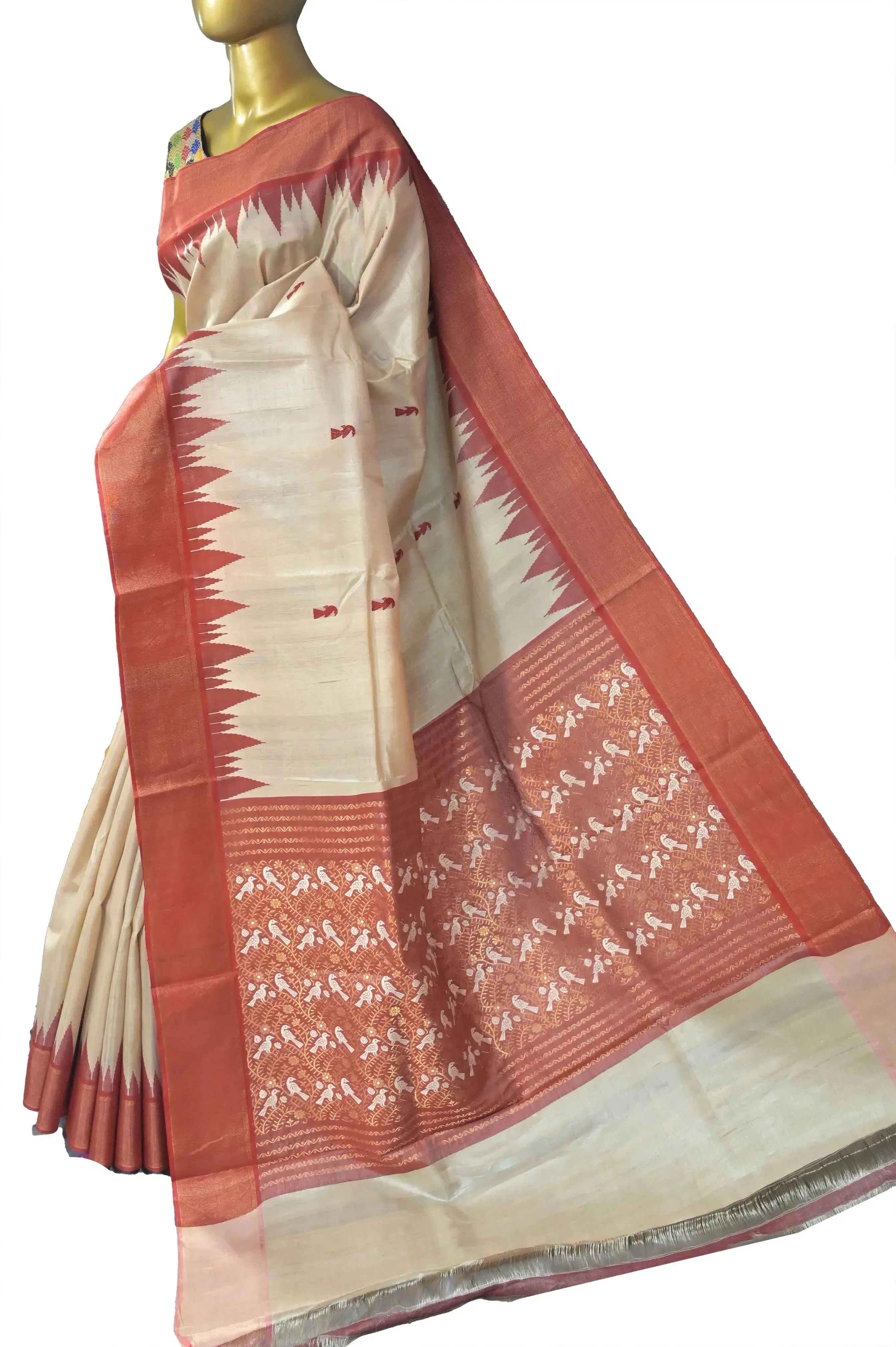 Dark Cream Color Tussar Silk with Allover Red Buti with Temple Border and Zari Weaving