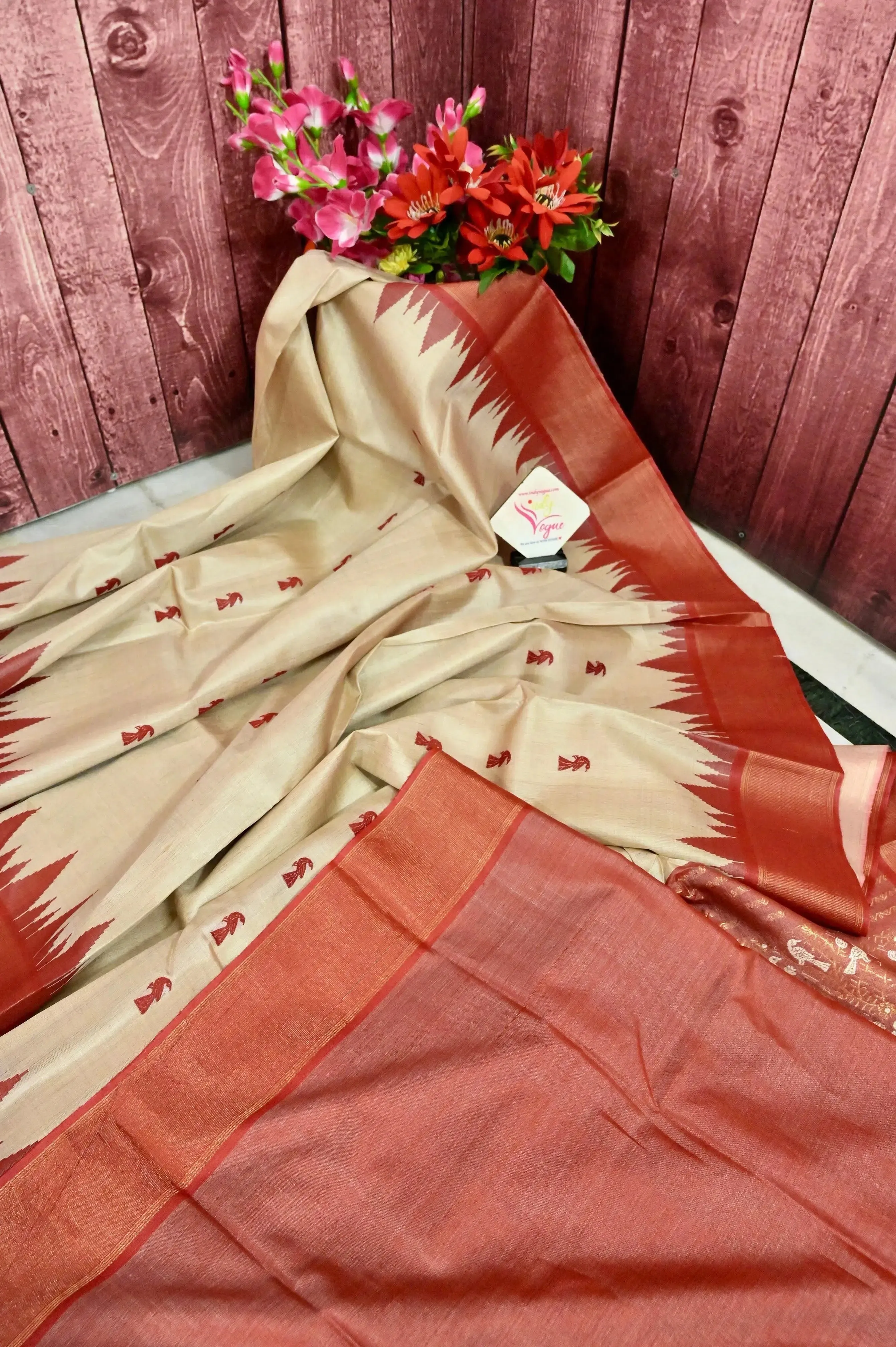 Dark Cream Color Tussar Silk with Allover Red Buti with Temple Border and Zari Weaving