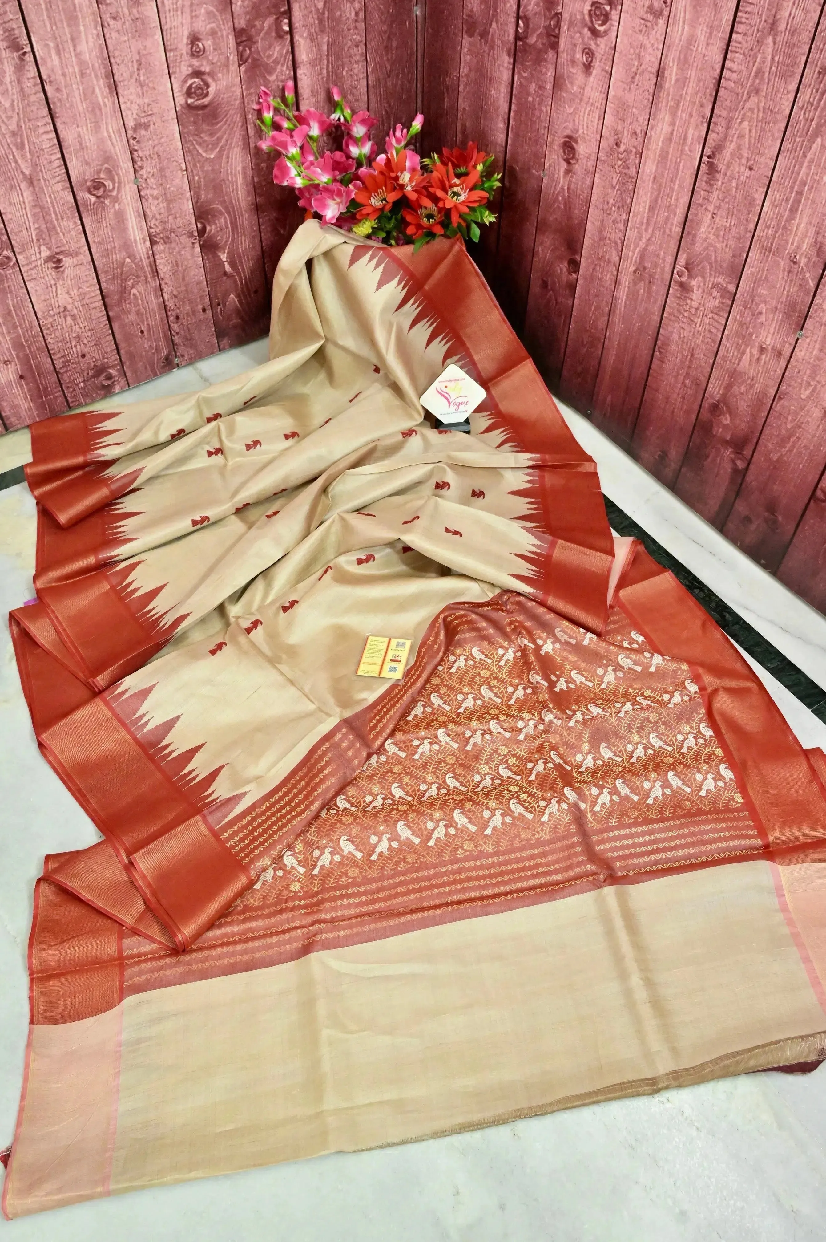 Dark Cream Color Tussar Silk with Allover Red Buti with Temple Border and Zari Weaving