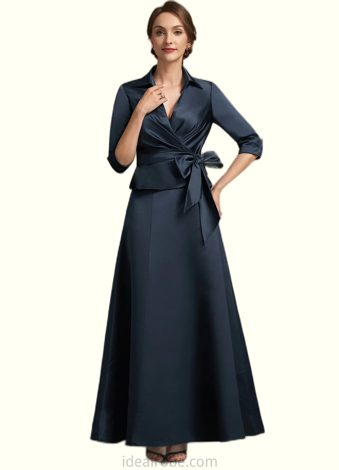 Eleanor A-Line V-neck Ankle-Length Satin Mother of the Bride Dress With Bow(s) STK126P0014683