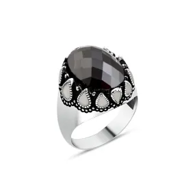 Facet Cut Ellipse Black Zircon Stone Silver Men's Ring with White Teardrops Around