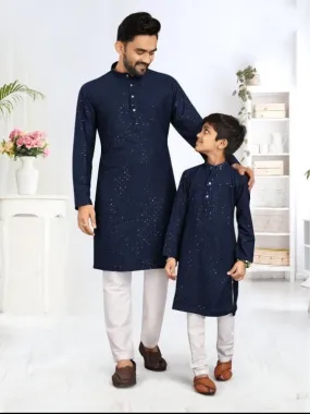 Father and Son Navy Blue Chikankari Same Matching Kurta Dress Set