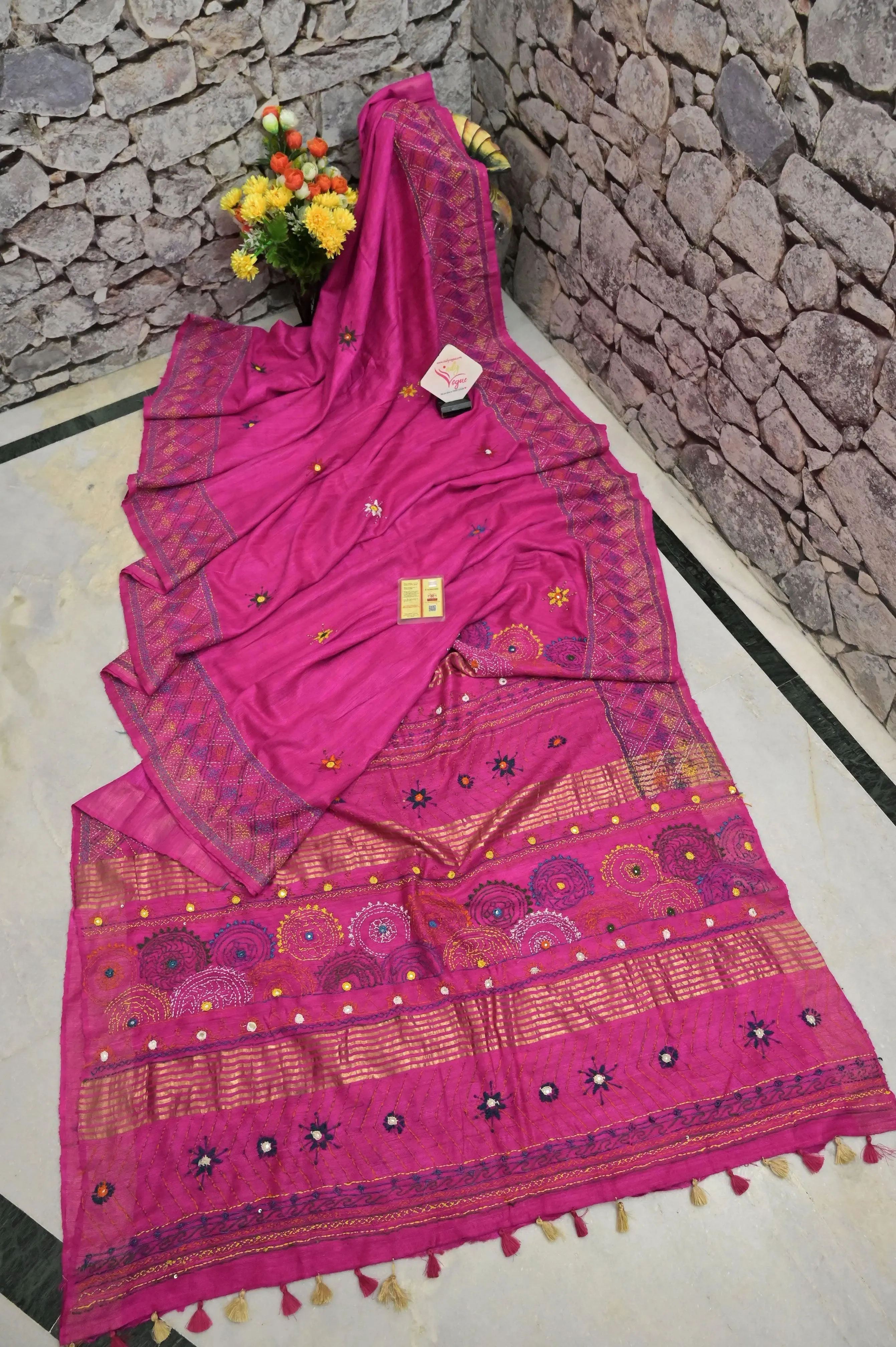 Fuchsia Color Pure Ghicha Silk with Zari Border and Hand Lambani Work