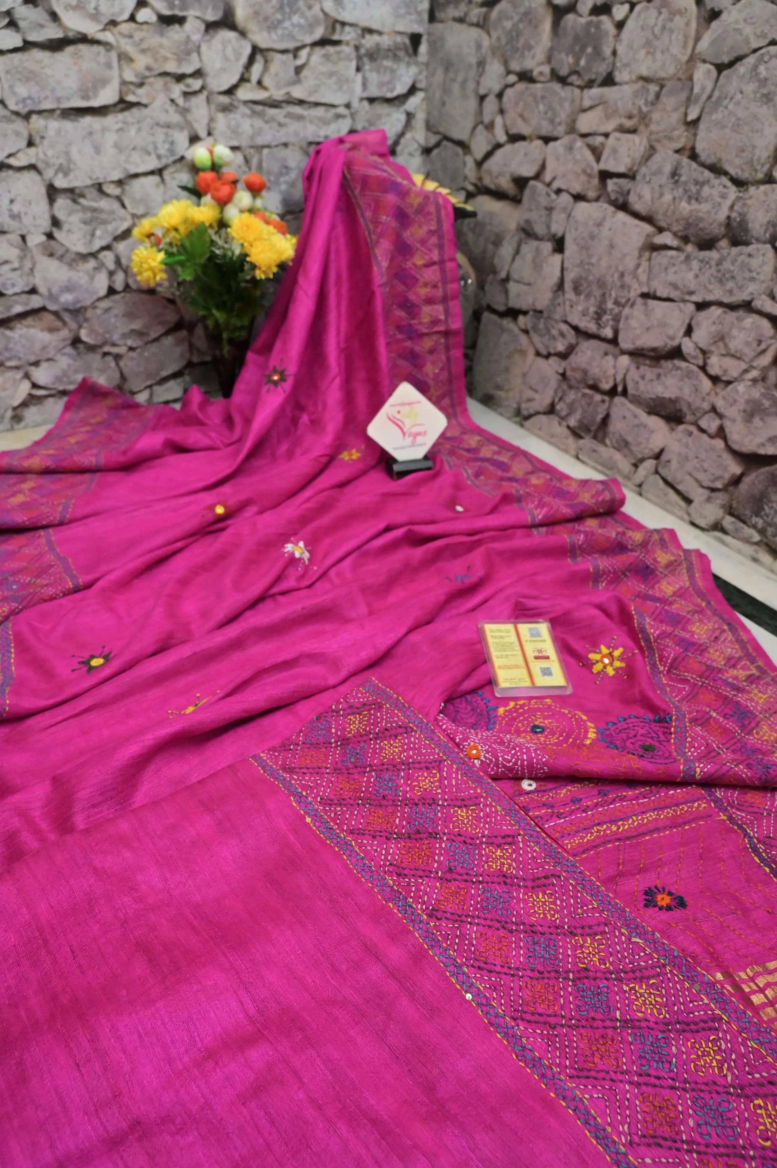 Fuchsia Color Pure Ghicha Silk with Zari Border and Hand Lambani Work