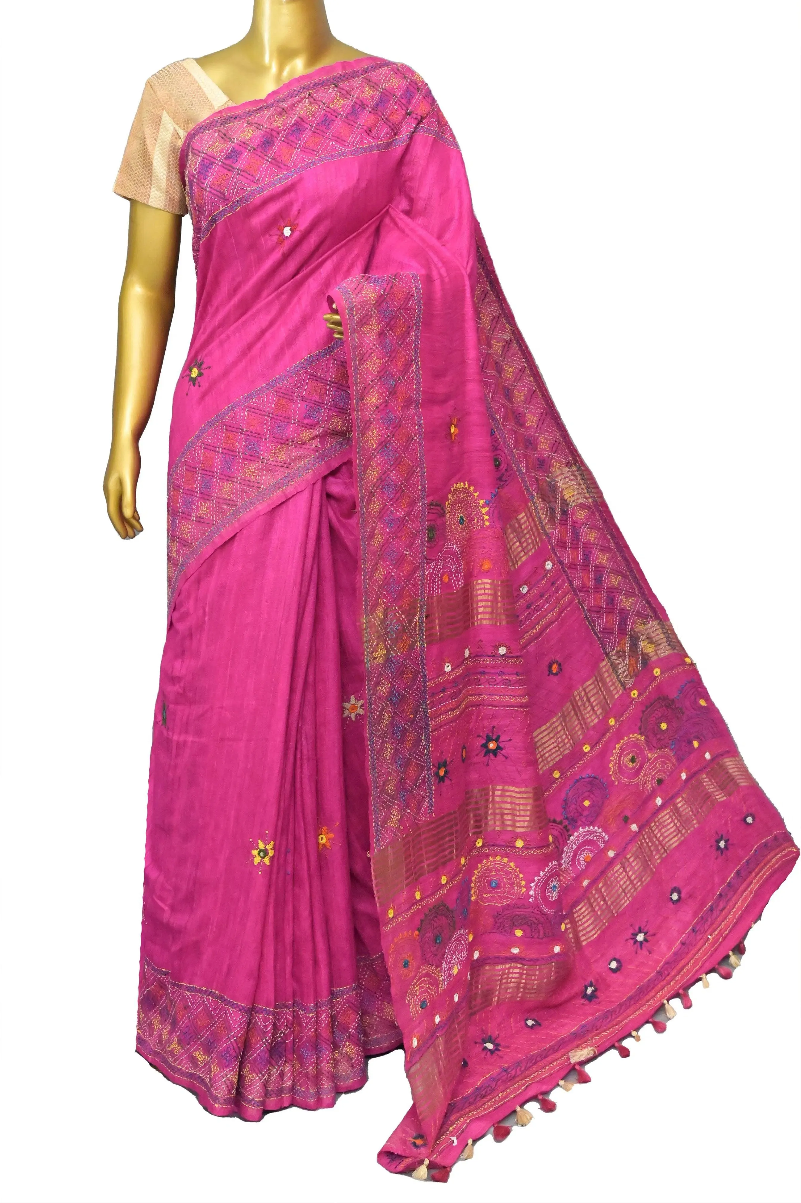 Fuchsia Color Pure Ghicha Silk with Zari Border and Hand Lambani Work