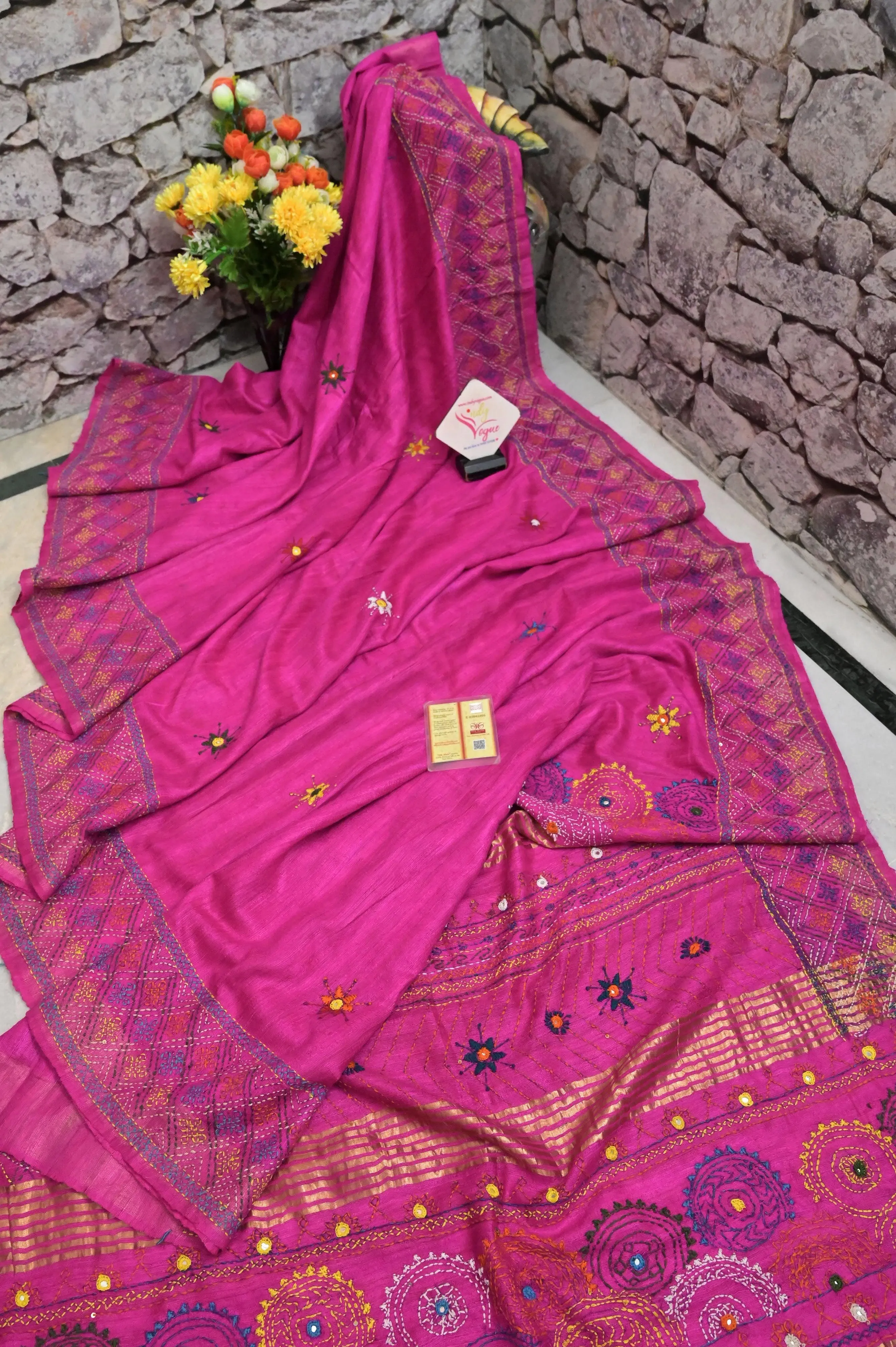 Fuchsia Color Pure Ghicha Silk with Zari Border and Hand Lambani Work