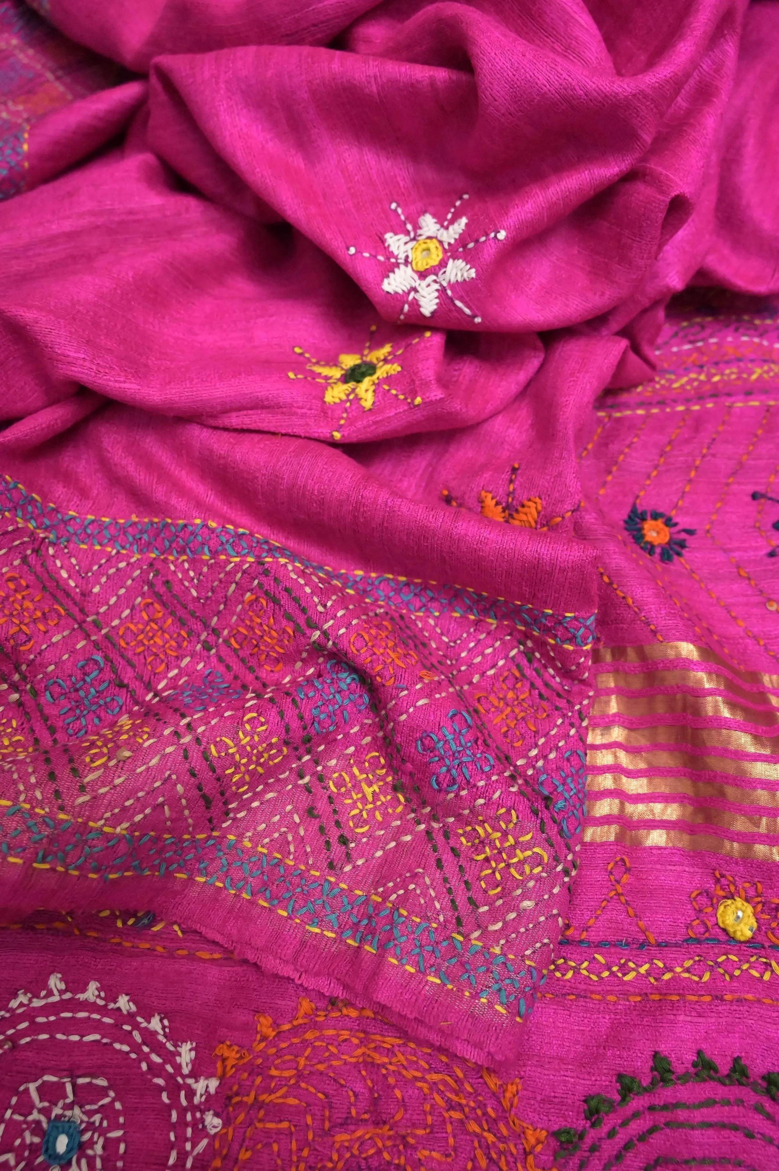 Fuchsia Color Pure Ghicha Silk with Zari Border and Hand Lambani Work