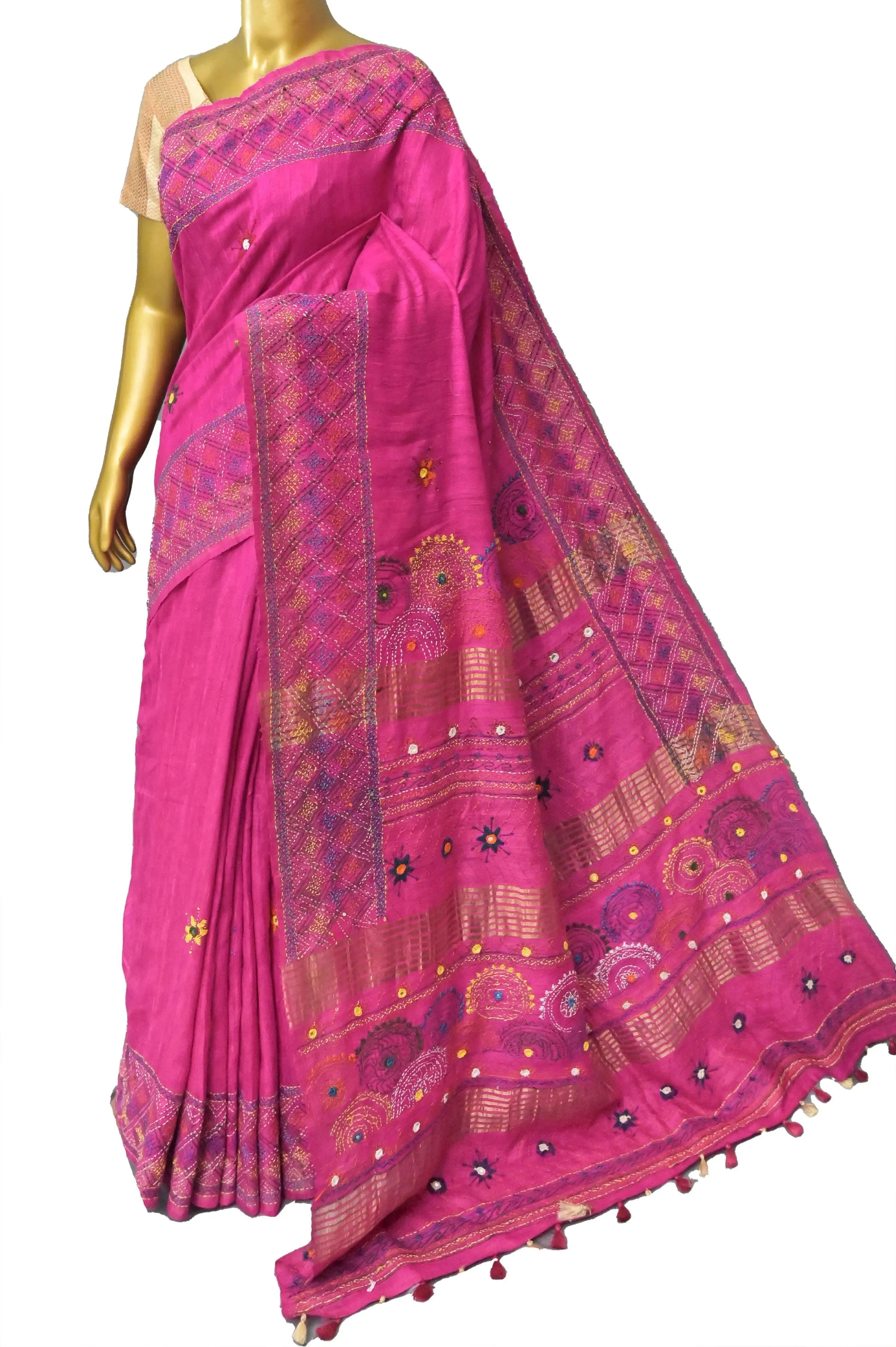 Fuchsia Color Pure Ghicha Silk with Zari Border and Hand Lambani Work