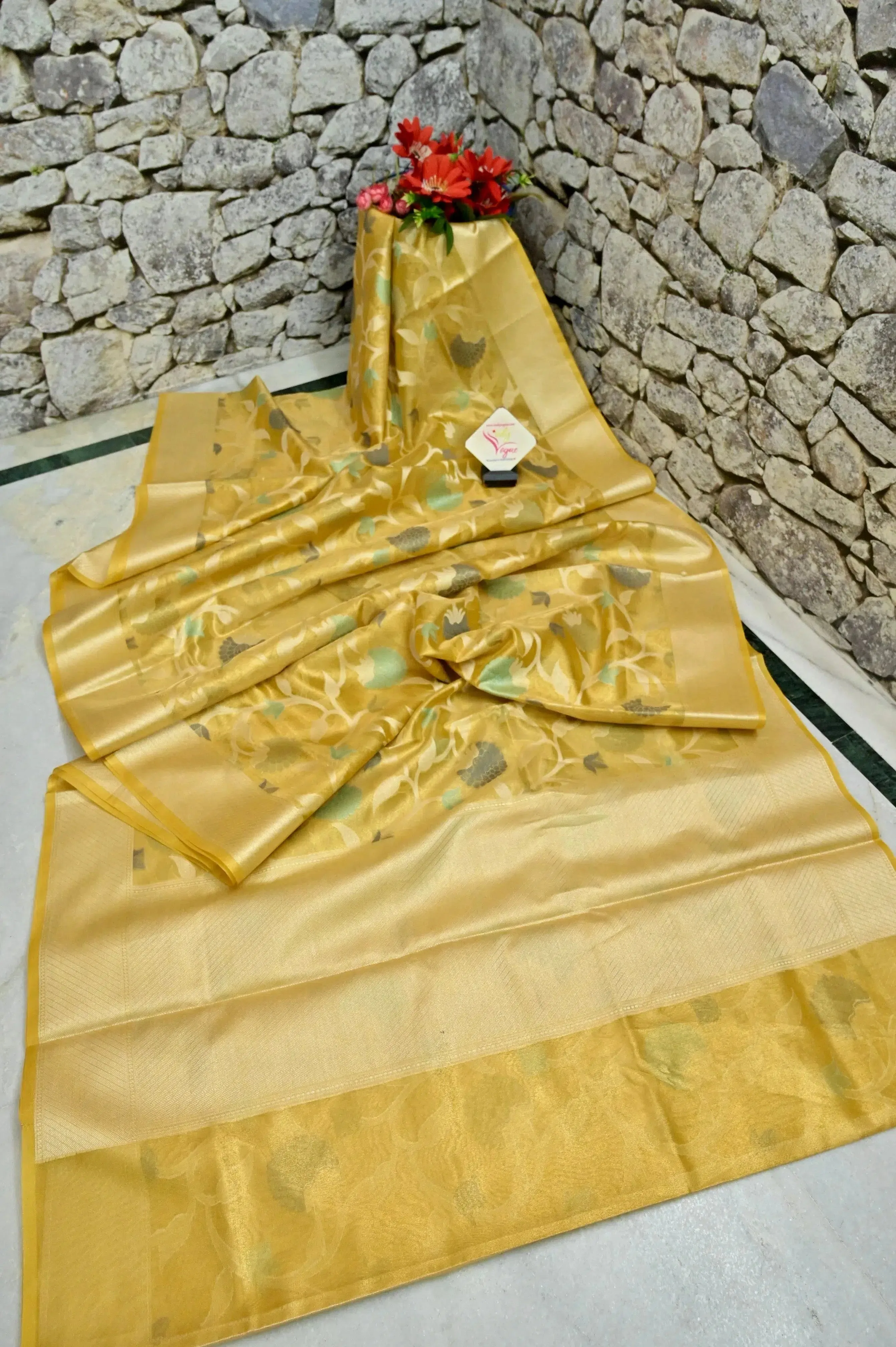 Golden Yellow Color Tissue Chanderi Banarasi Saree with Allover Jaal Work