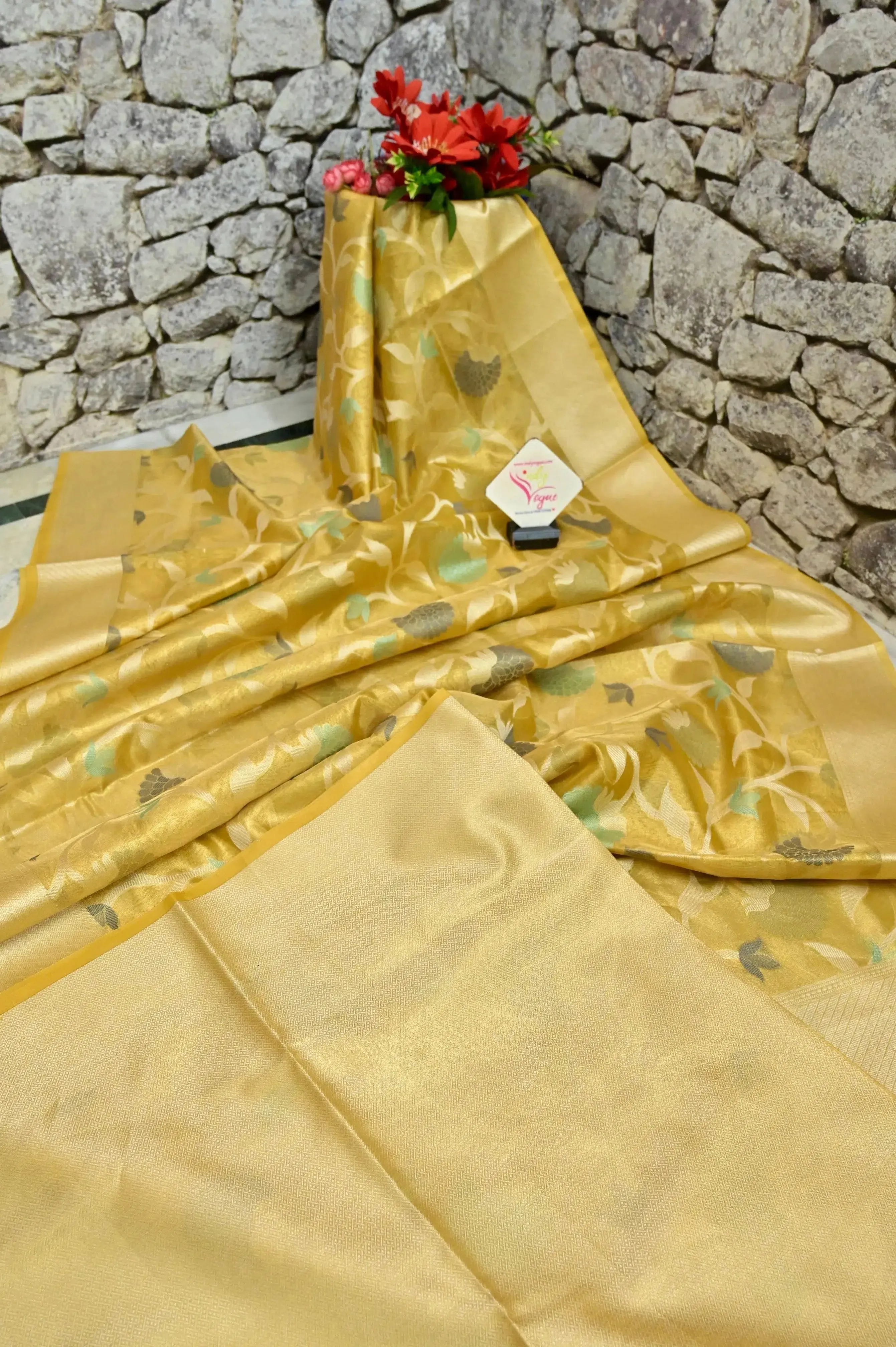 Golden Yellow Color Tissue Chanderi Banarasi Saree with Allover Jaal Work