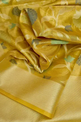 Golden Yellow Color Tissue Chanderi Banarasi Saree with Allover Jaal Work