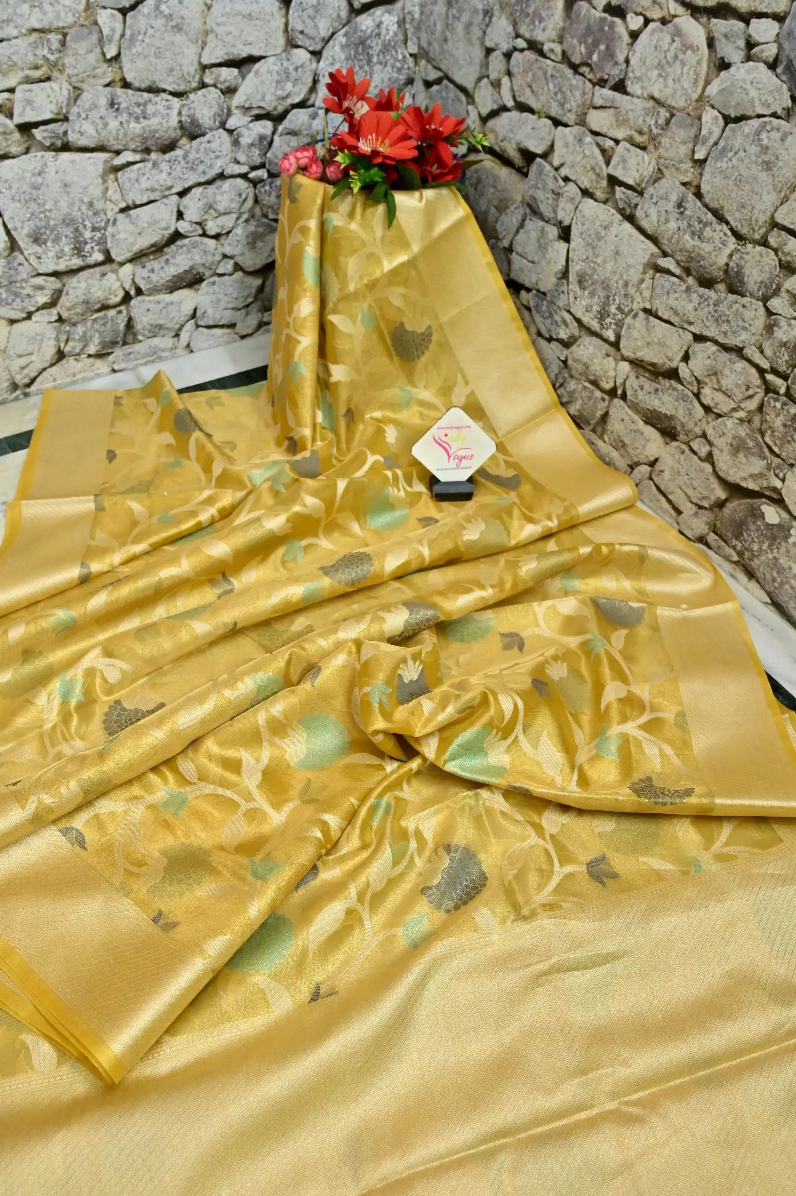 Golden Yellow Color Tissue Chanderi Banarasi Saree with Allover Jaal Work