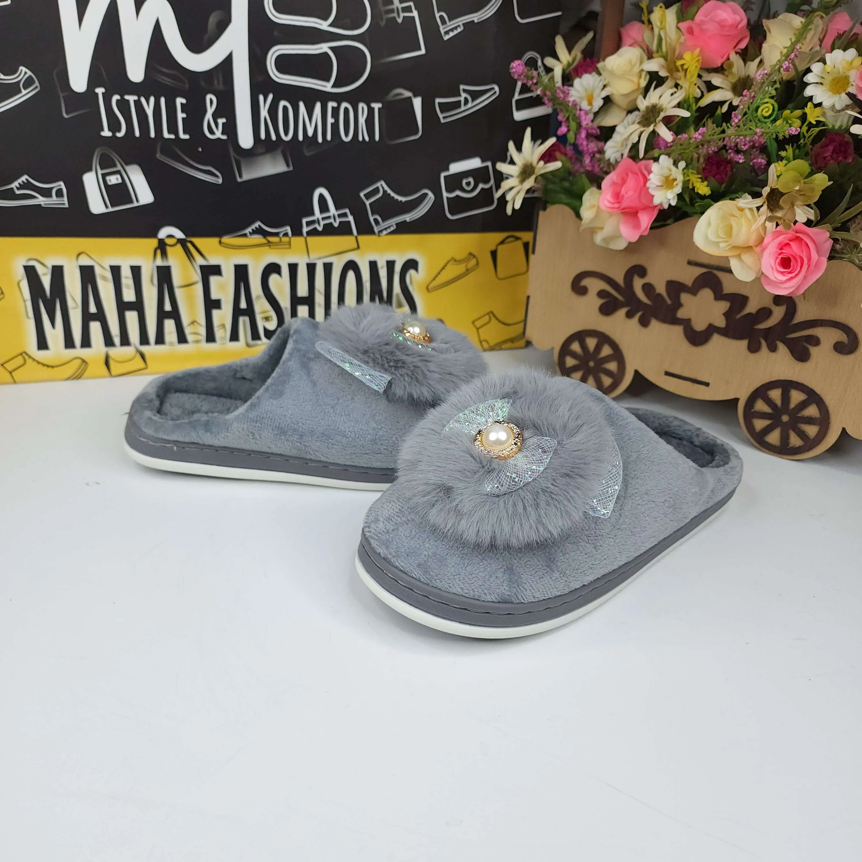 Grey Fur Mules