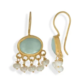 Handmade Gold Plated Silver Drop Earrings With Chalcedony Stones & Pearls