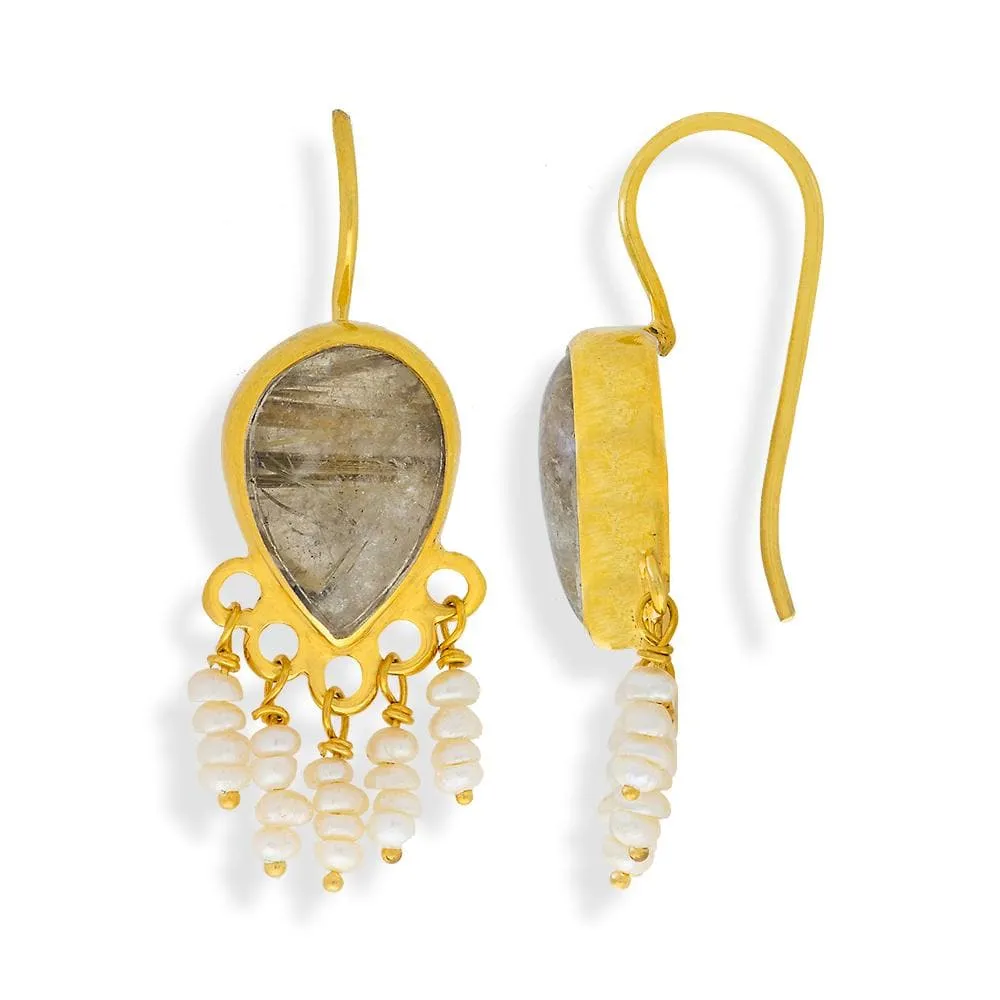 Handmade Gold Plated Silver Drop Earrings With Rutile Stones & Pearls