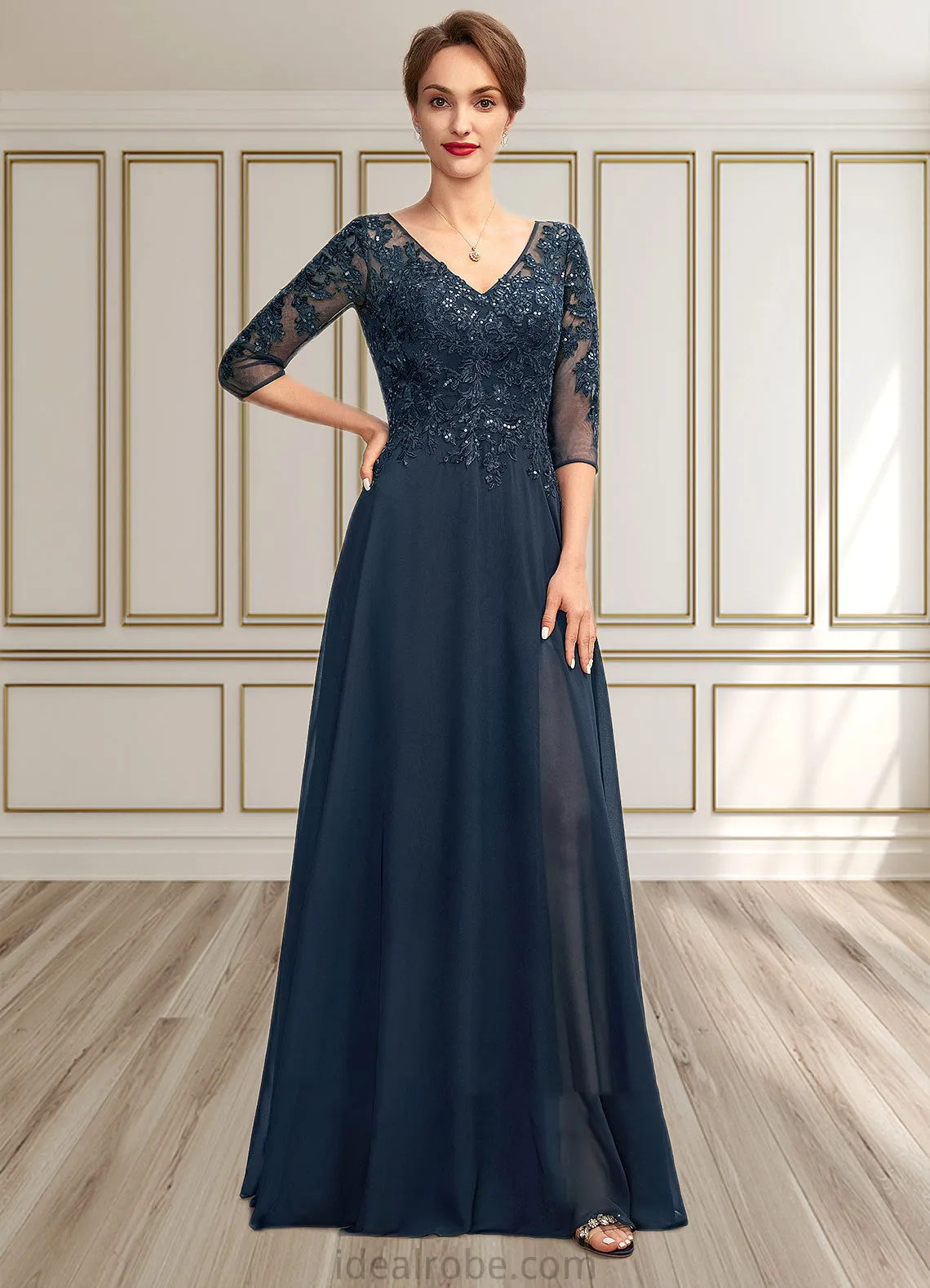 Hilda A-Line V-neck Floor-Length Chiffon Lace Mother of the Bride Dress With Sequins Split Front STK126P0015014