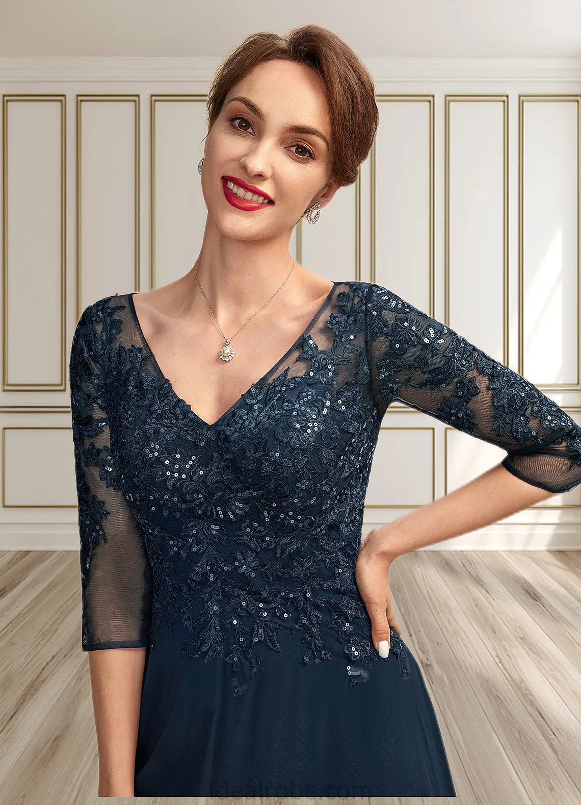 Hilda A-Line V-neck Floor-Length Chiffon Lace Mother of the Bride Dress With Sequins Split Front STK126P0015014