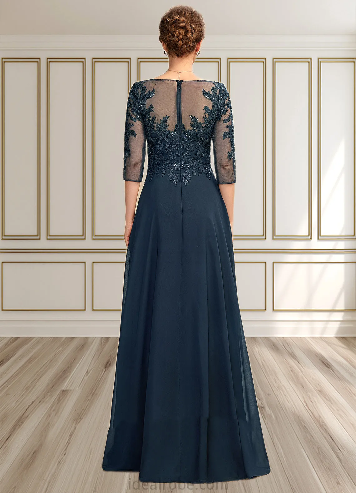 Hilda A-Line V-neck Floor-Length Chiffon Lace Mother of the Bride Dress With Sequins Split Front STK126P0015014