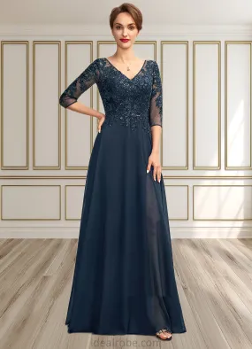 Hilda A-Line V-neck Floor-Length Chiffon Lace Mother of the Bride Dress With Sequins Split Front STK126P0015014