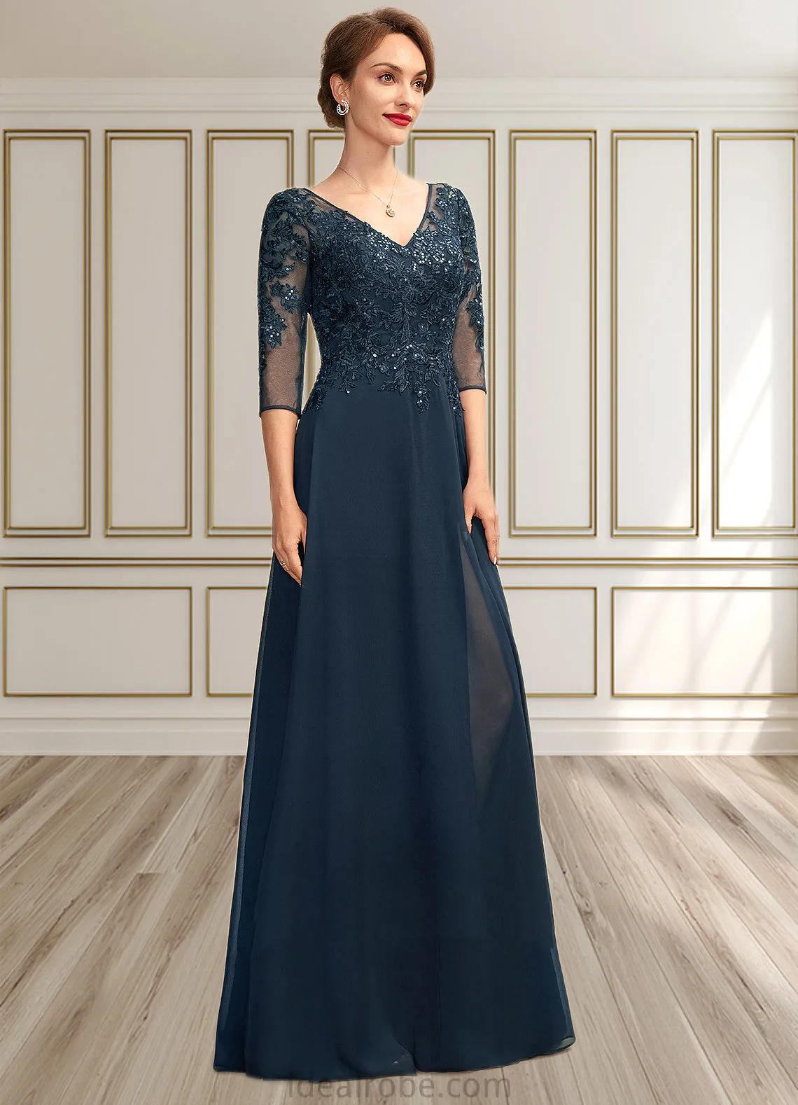 Hilda A-Line V-neck Floor-Length Chiffon Lace Mother of the Bride Dress With Sequins Split Front STK126P0015014