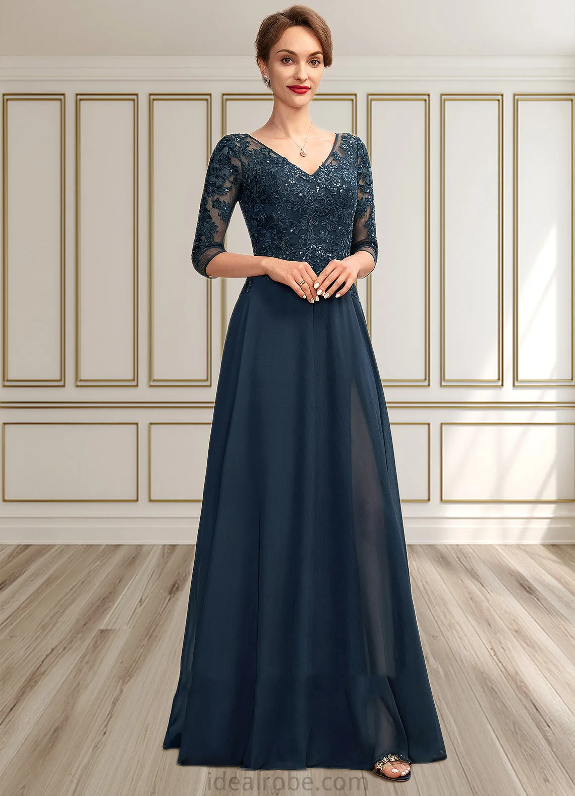 Hilda A-Line V-neck Floor-Length Chiffon Lace Mother of the Bride Dress With Sequins Split Front STK126P0015014