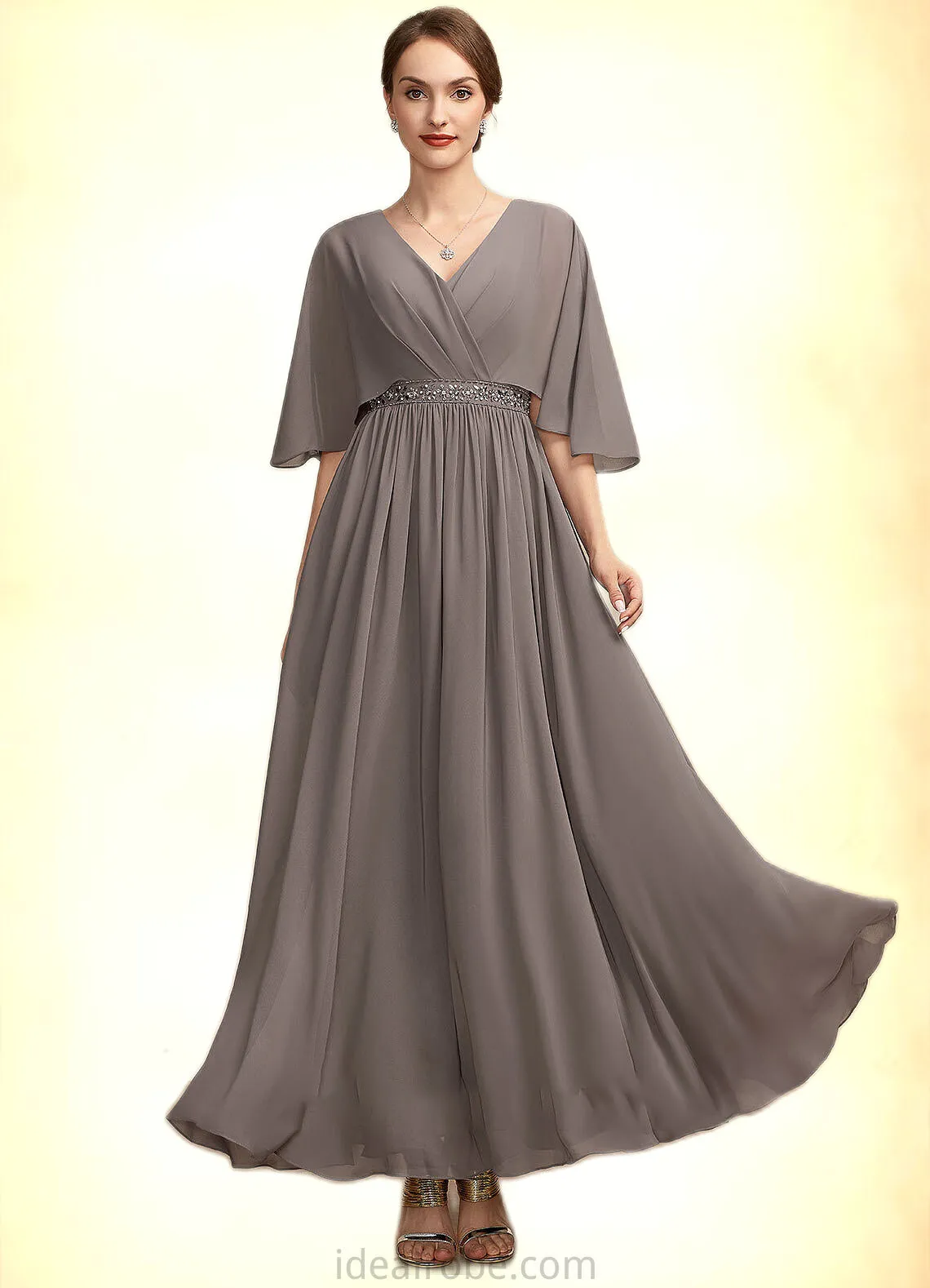 Janessa A-Line V-neck Ankle-Length Chiffon Mother of the Bride Dress With Ruffle Beading STK126P0014723