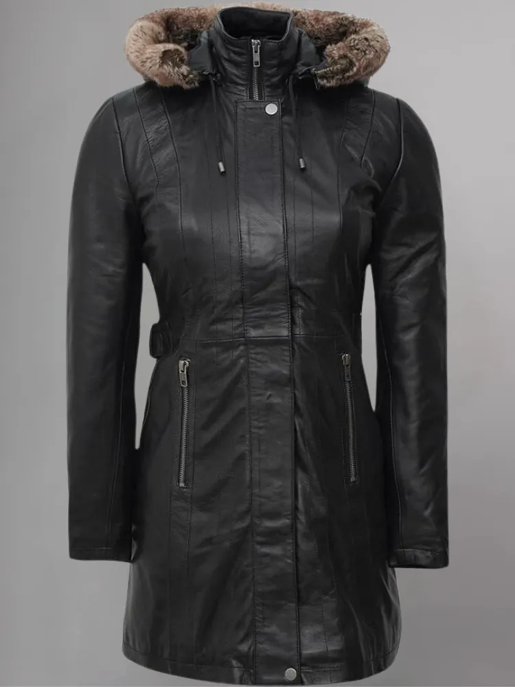 Jean Womens Black Leather Coat Removable Fur Hood