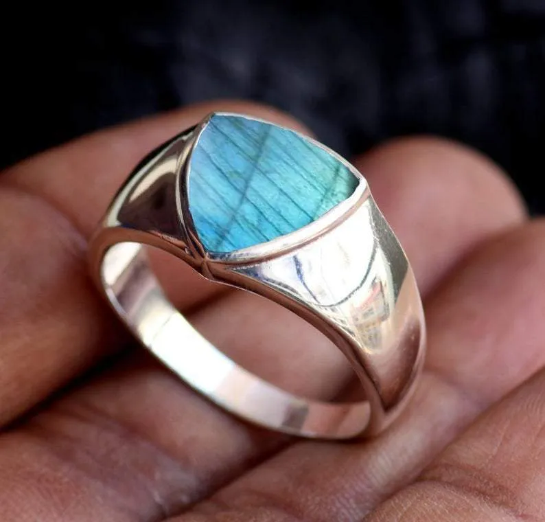 Labradorite Gemstone Men's 925 Sterling Silver Ring, Thanksgiving Gift, Dainty Handcrafted Jewelry