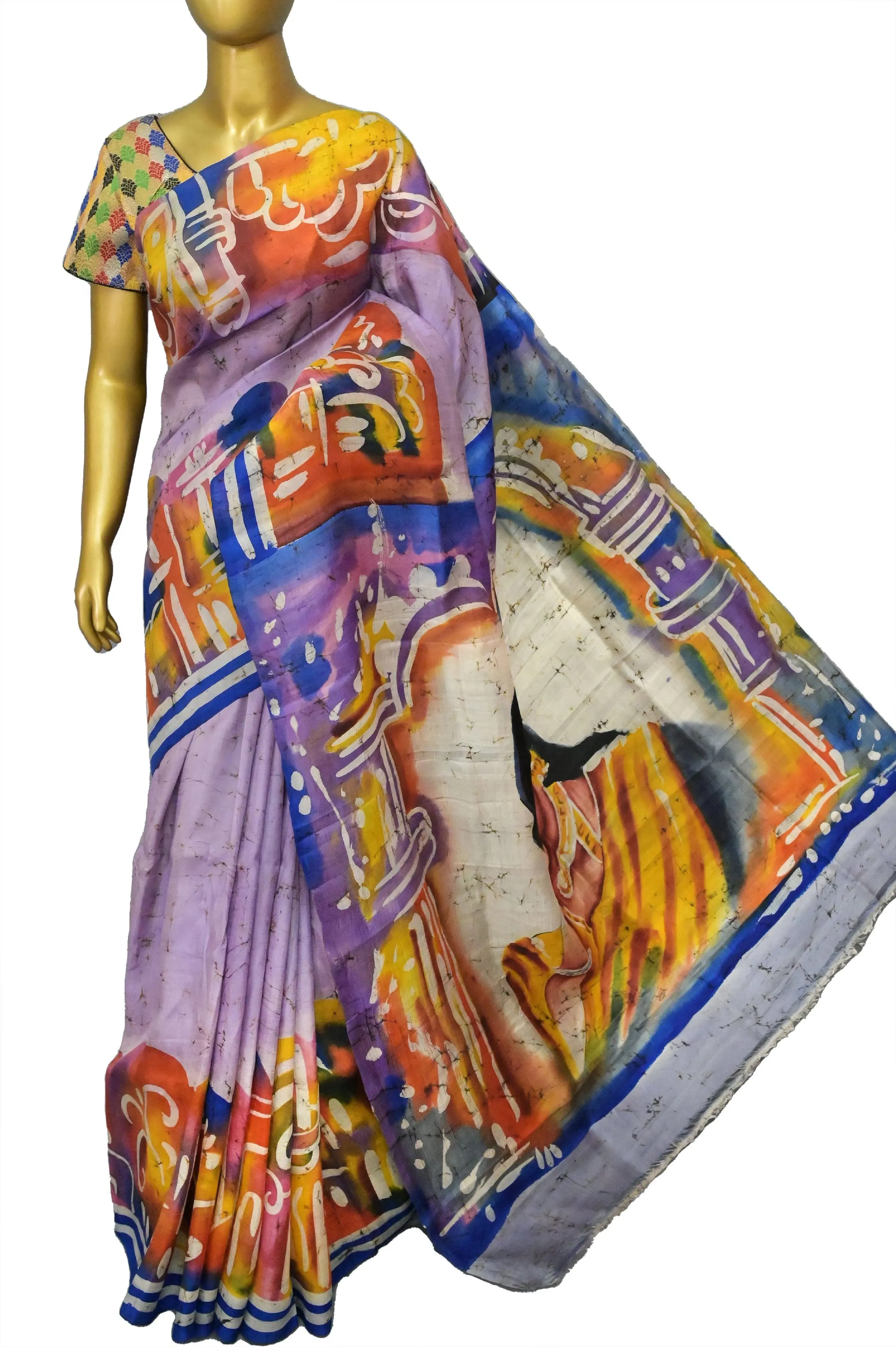 Lavender and Multicolored Pure Bishnupuri Silk with Hand Batik and Hand Paint