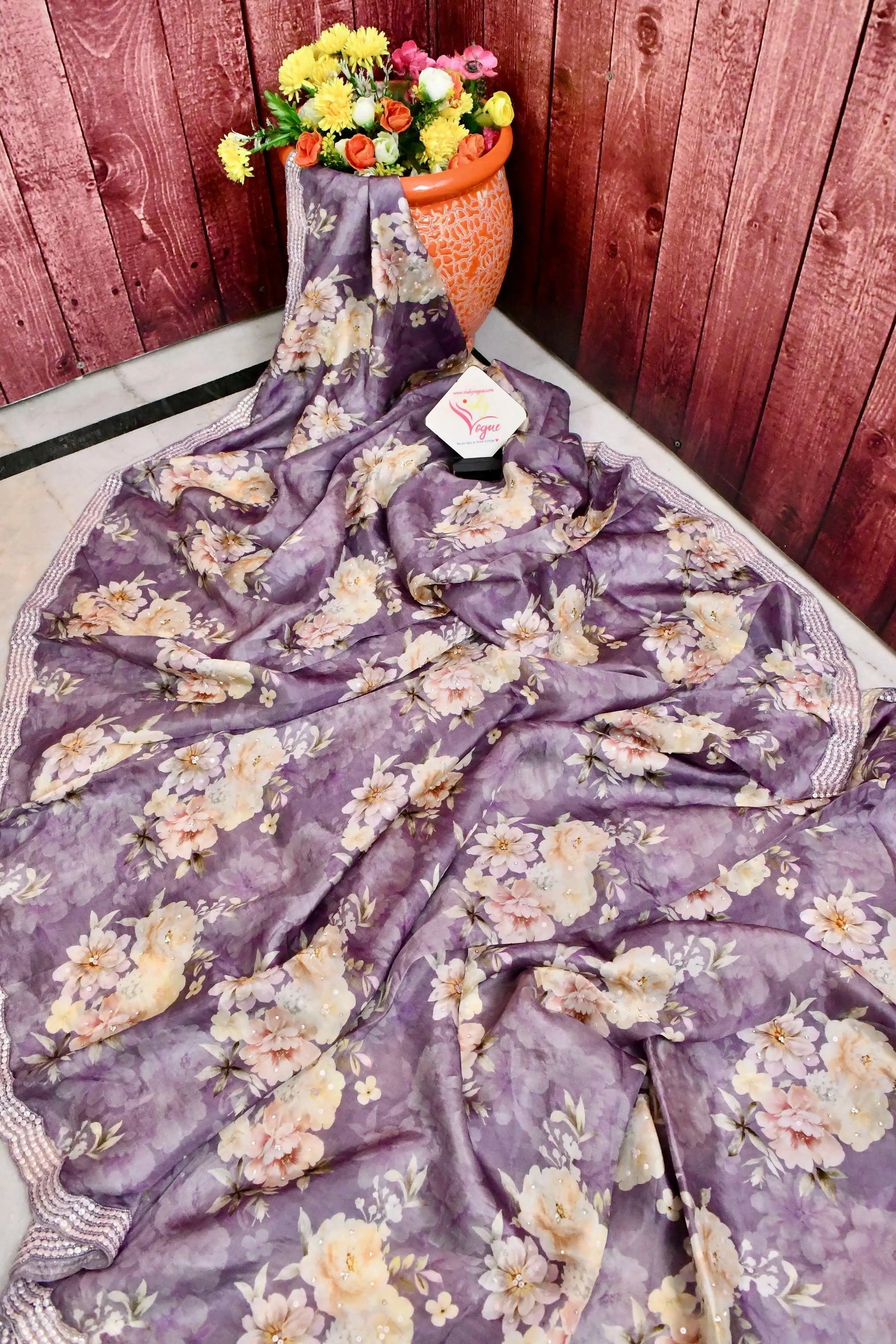 Lavender Color Crepe Satin Silk Saree with Digital Print and Stone Plus Sequin Embroidery