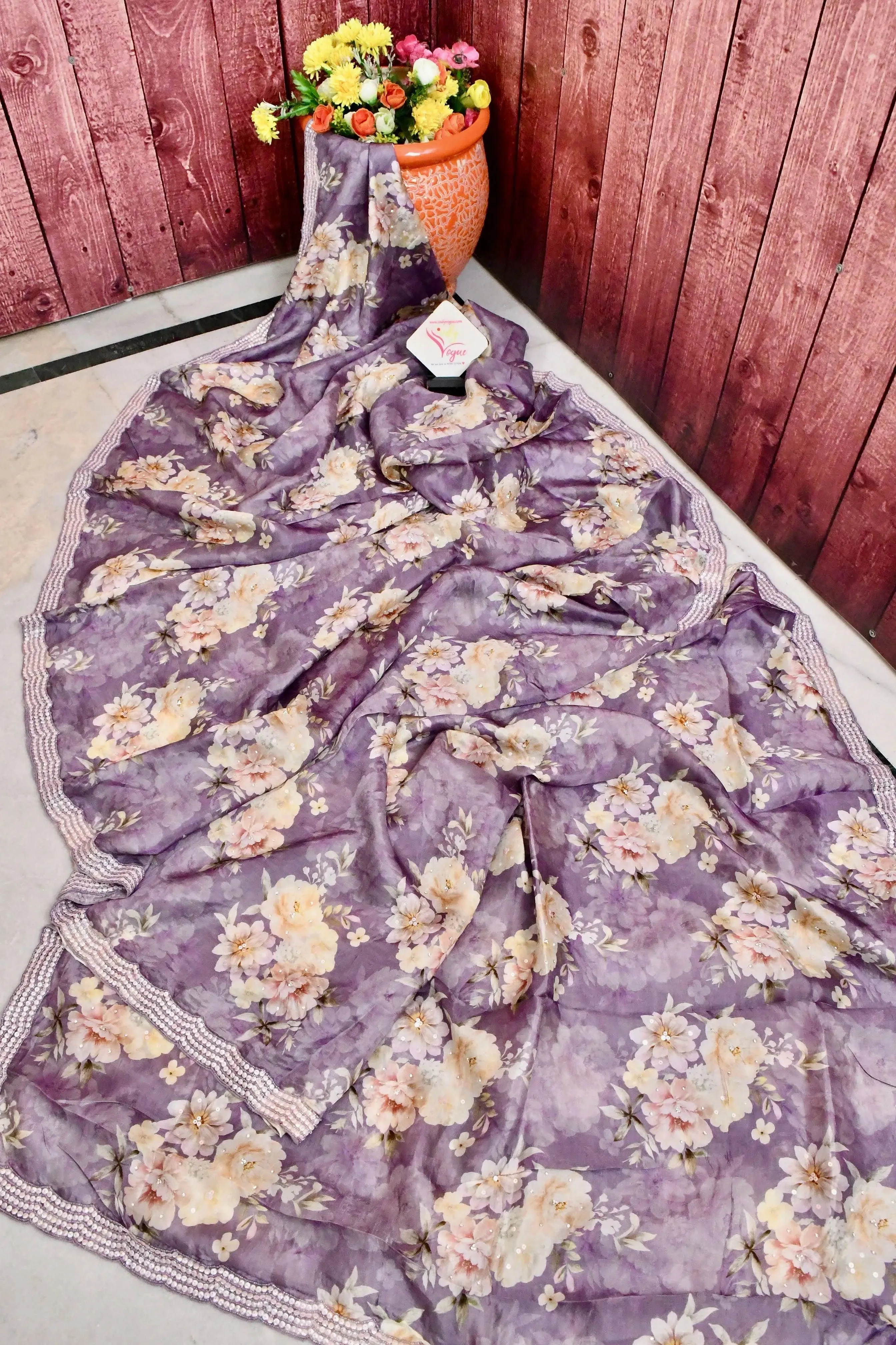 Lavender Color Crepe Satin Silk Saree with Digital Print and Stone Plus Sequin Embroidery