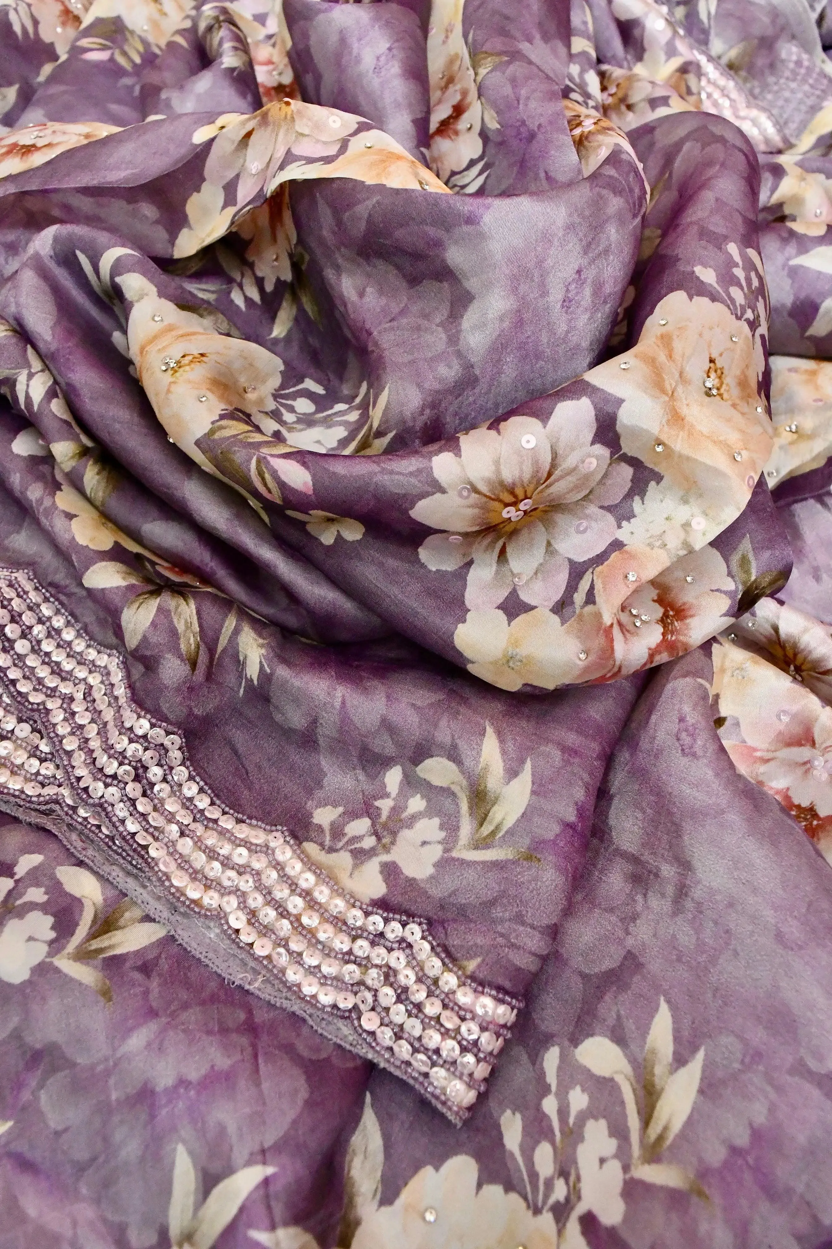 Lavender Color Crepe Satin Silk Saree with Digital Print and Stone Plus Sequin Embroidery