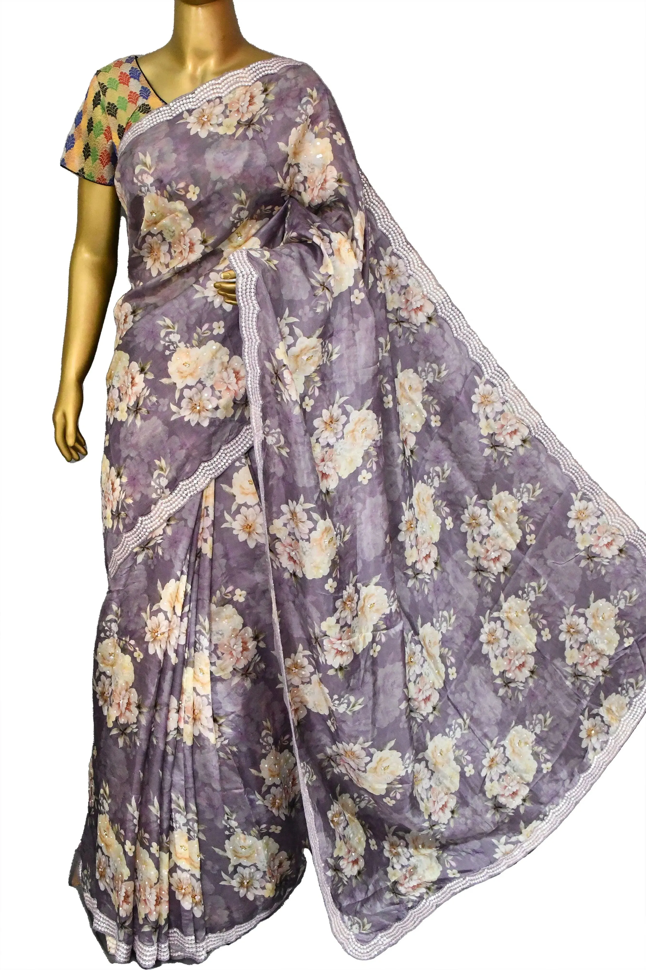 Lavender Color Crepe Satin Silk Saree with Digital Print and Stone Plus Sequin Embroidery