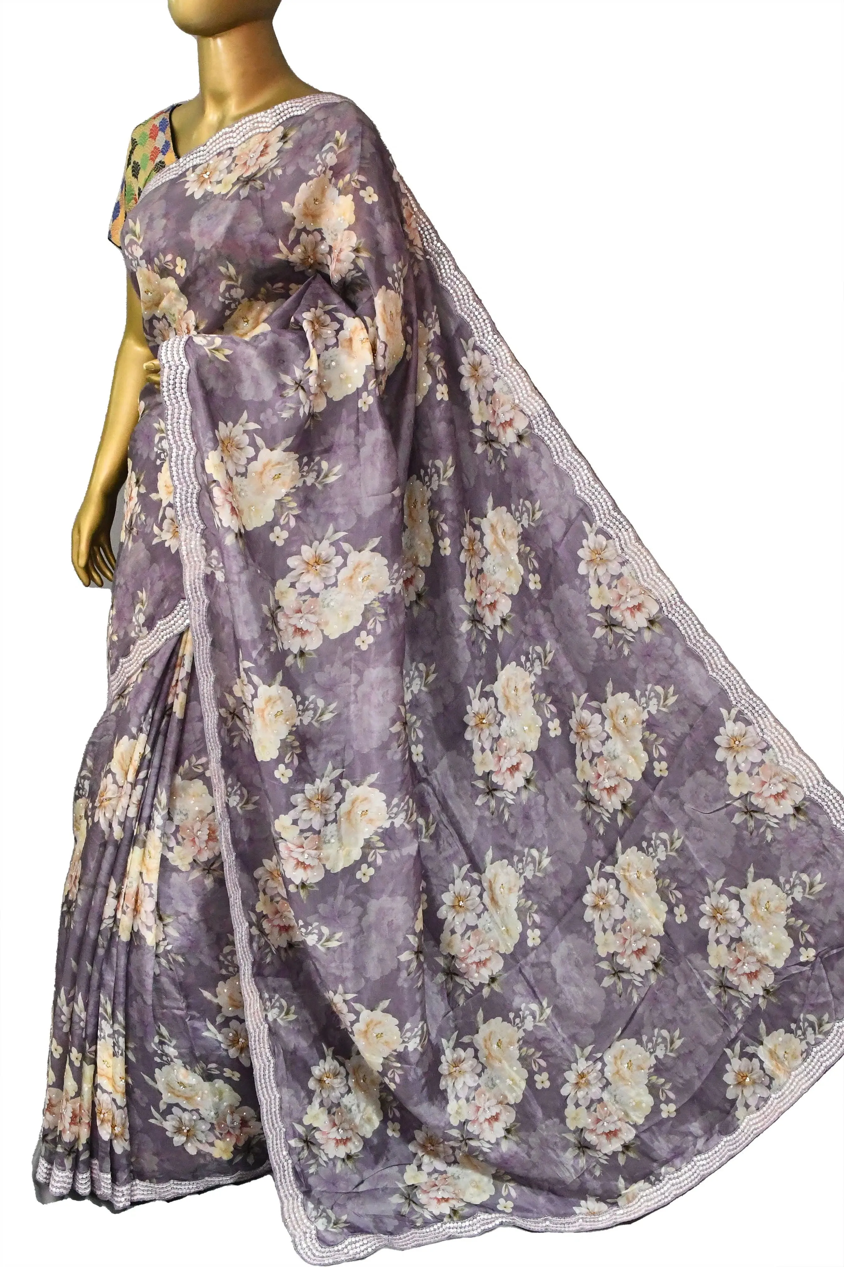 Lavender Color Crepe Satin Silk Saree with Digital Print and Stone Plus Sequin Embroidery