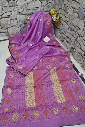 Lavender Color Half Tussar Saree with Hand Lambani and Mirror Work