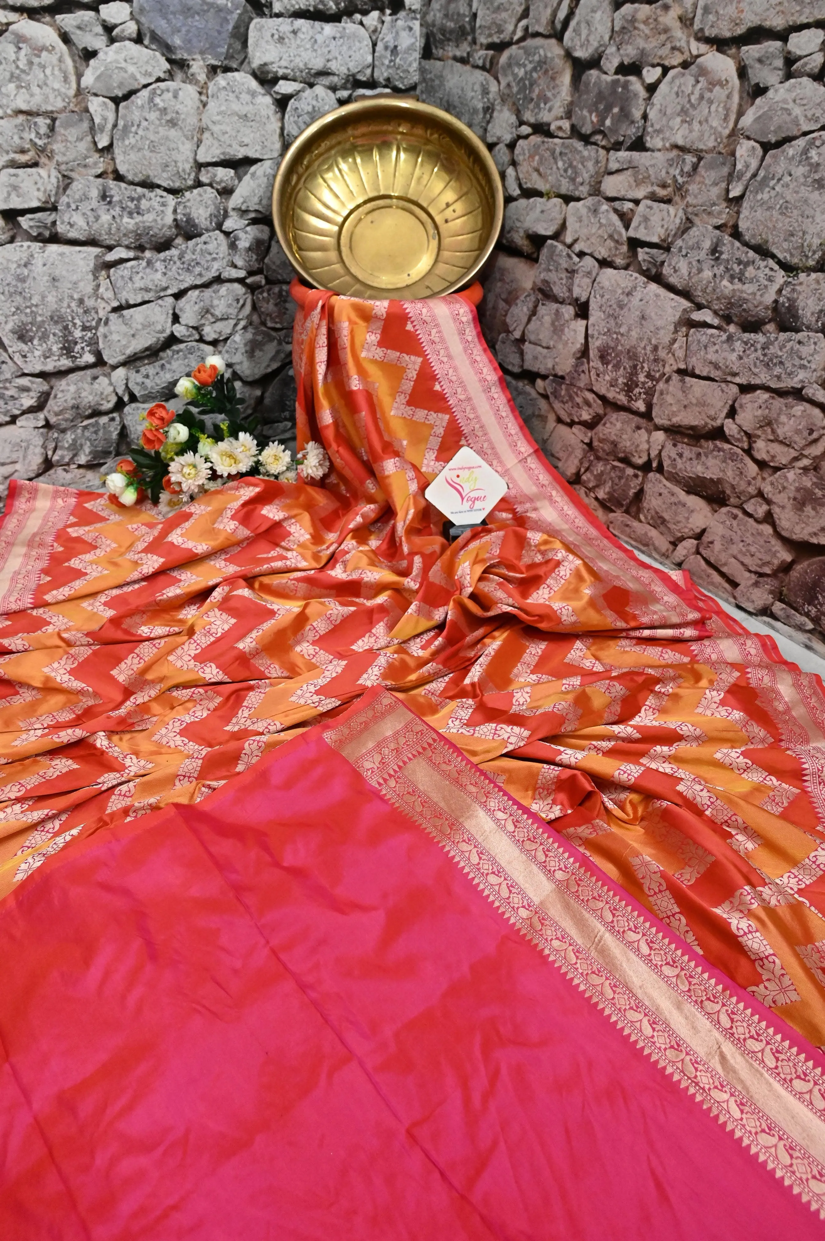 Light and Deep Orange Color Katan Banarasi Saree in Rangkat Design