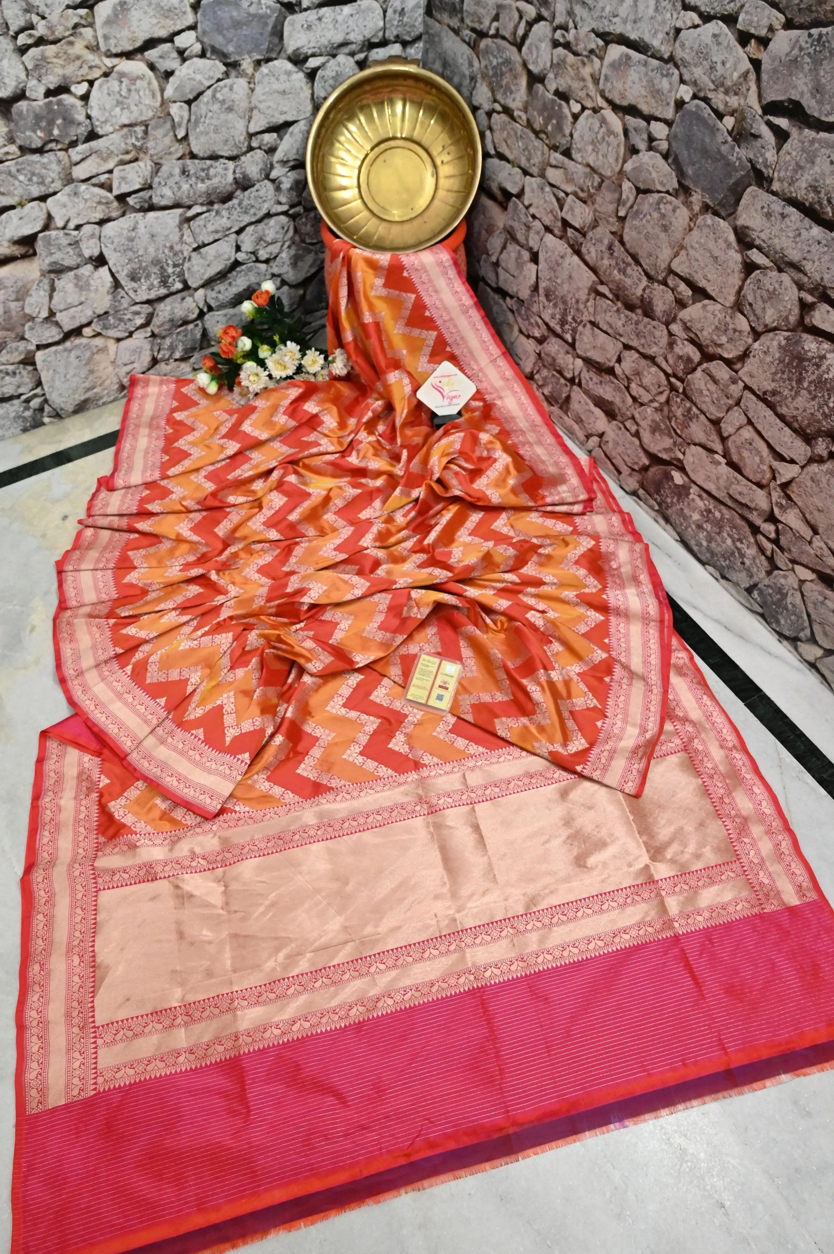 Light and Deep Orange Color Katan Banarasi Saree in Rangkat Design