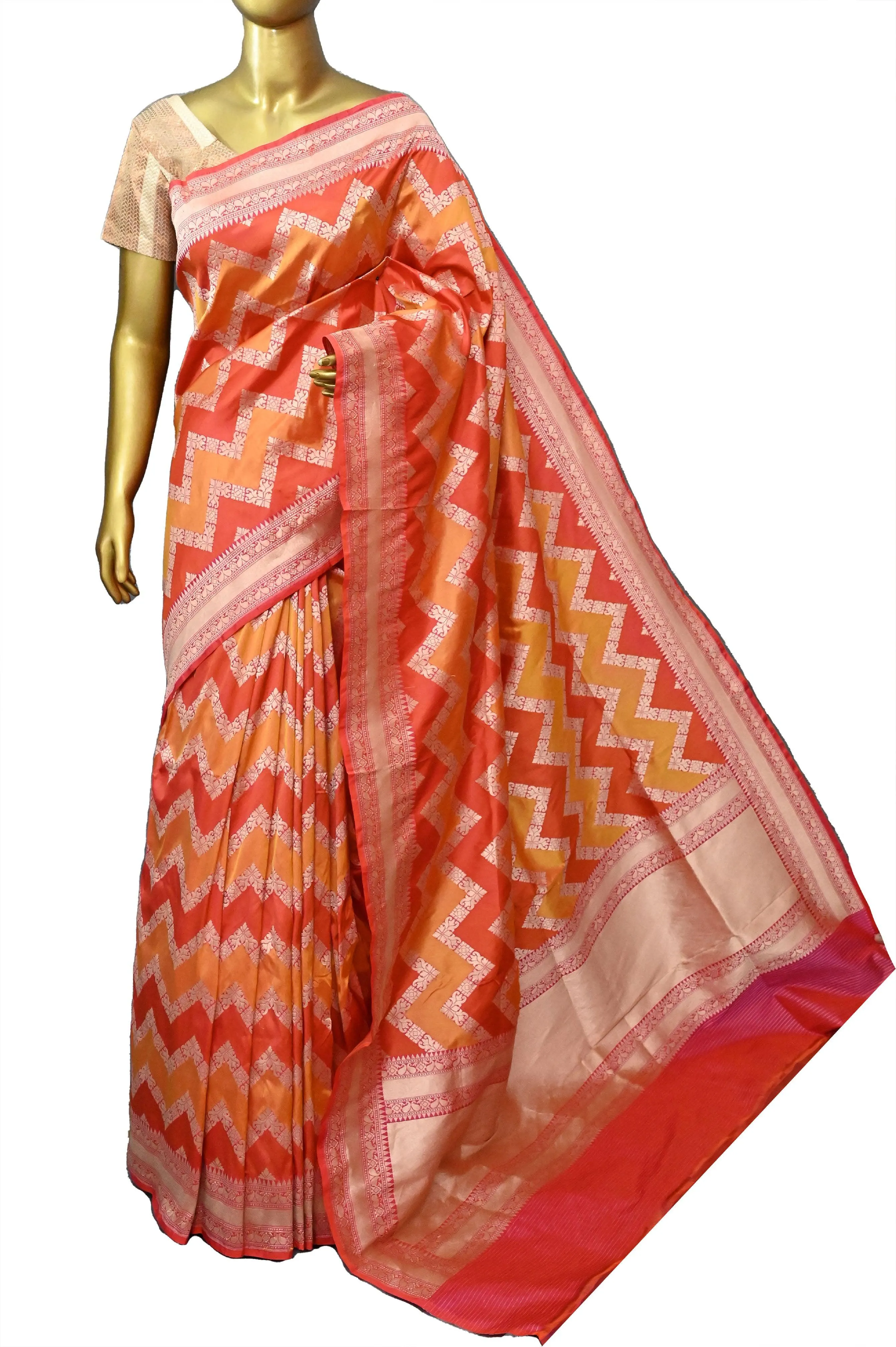 Light and Deep Orange Color Katan Banarasi Saree in Rangkat Design