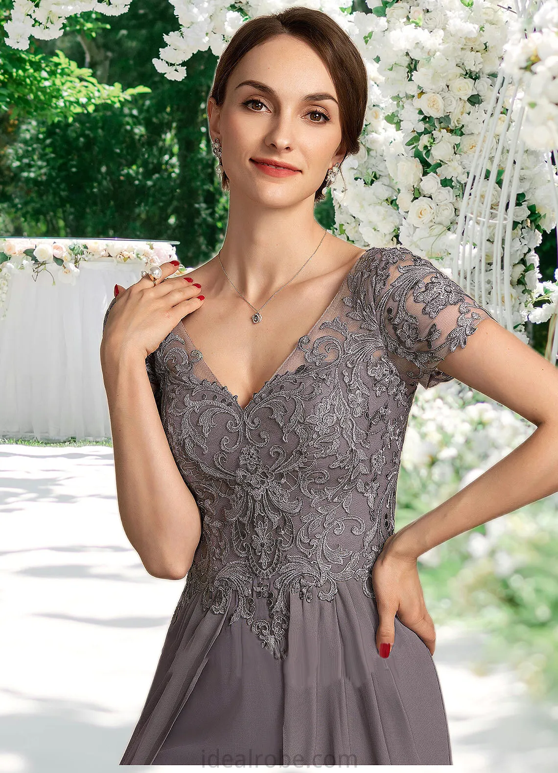 Lily A-line V-Neck Floor-Length Chiffon Lace Mother of the Bride Dress STK126P0014532