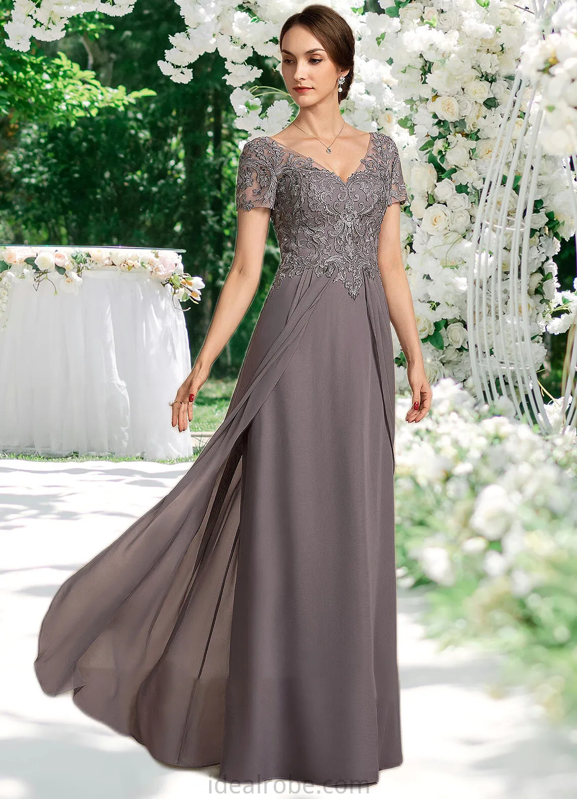 Lily A-line V-Neck Floor-Length Chiffon Lace Mother of the Bride Dress STK126P0014532