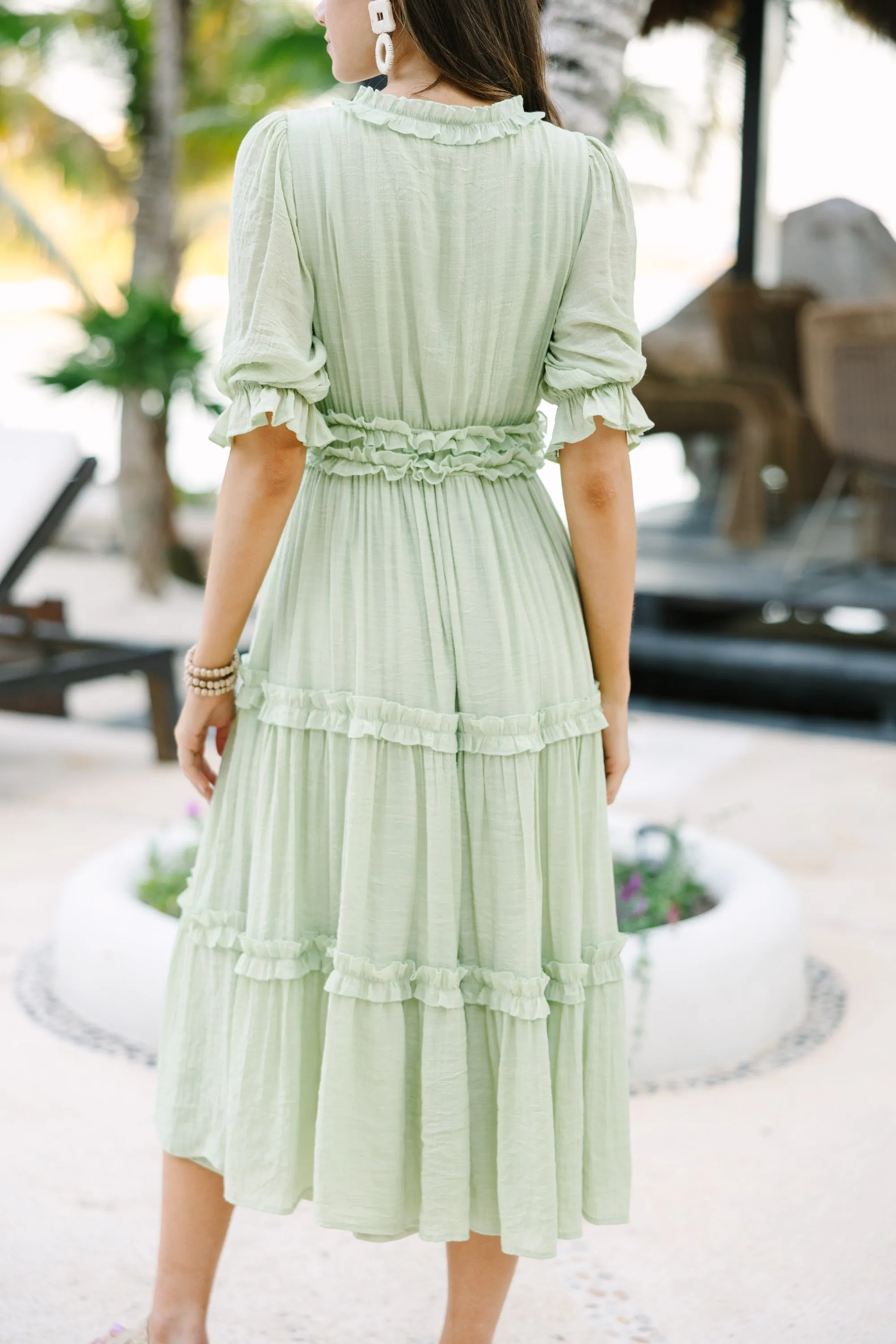 Living In A Dream Melon Green Ruffled Midi Dress