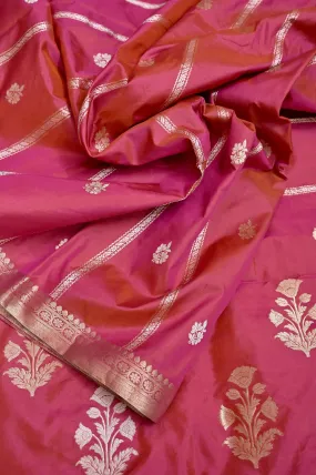 Magenta and Red Color Dual Tone Katan Banarasi Saree with Silver and Golden Zari Buti Work