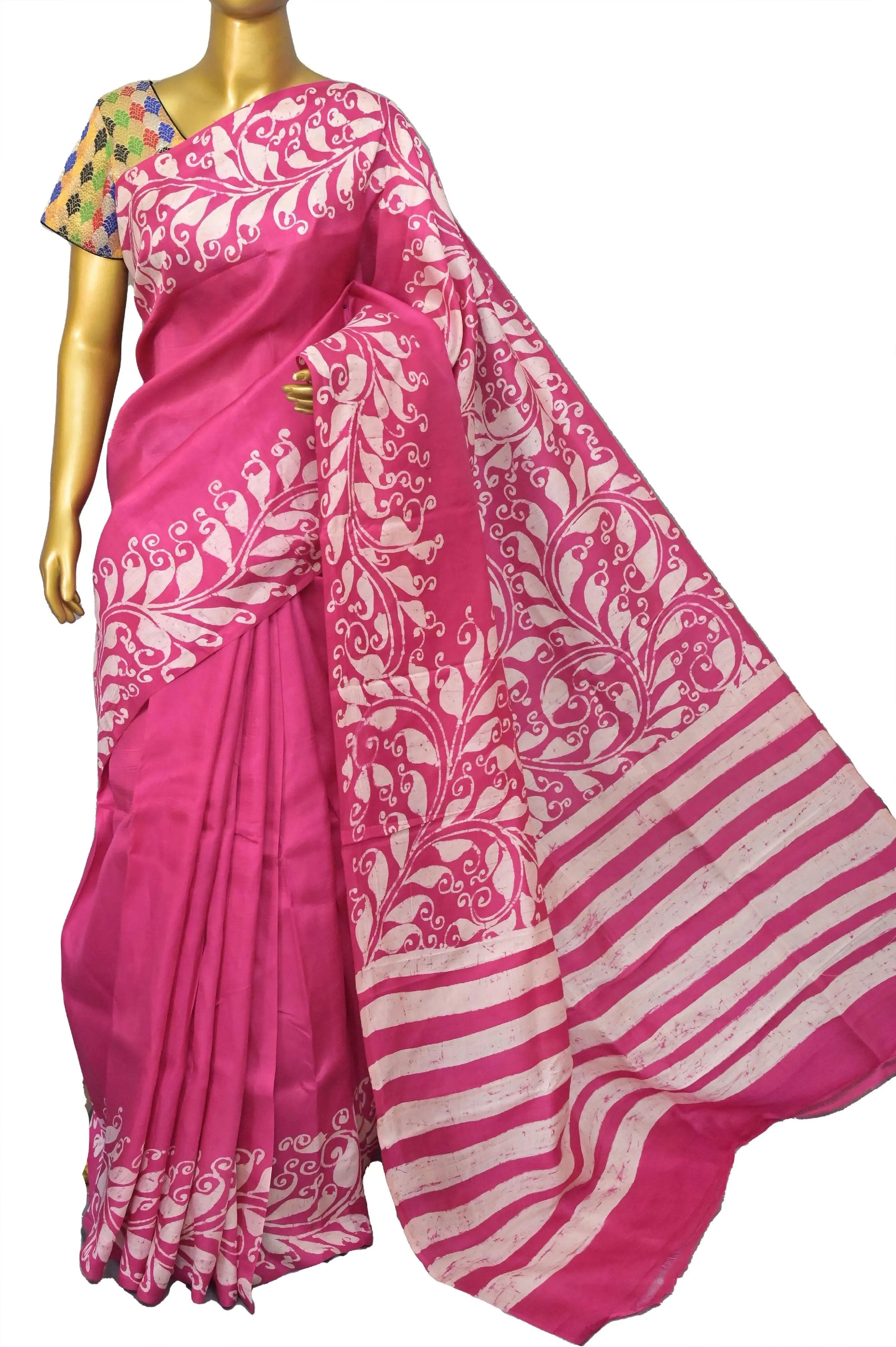 Magenta Color Pure Bishnupuri Silk Saree with Hand Batik