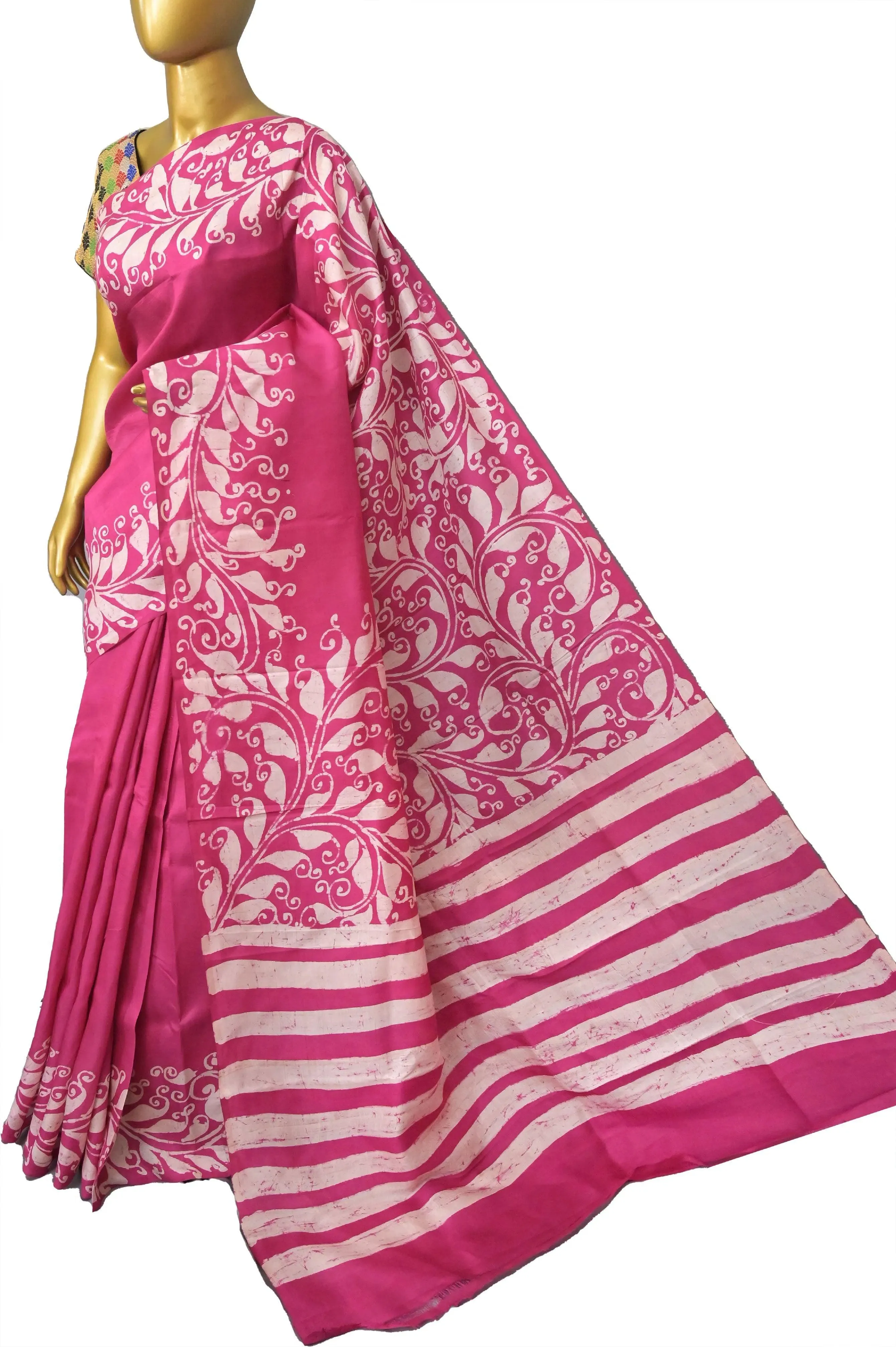 Magenta Color Pure Bishnupuri Silk Saree with Hand Batik