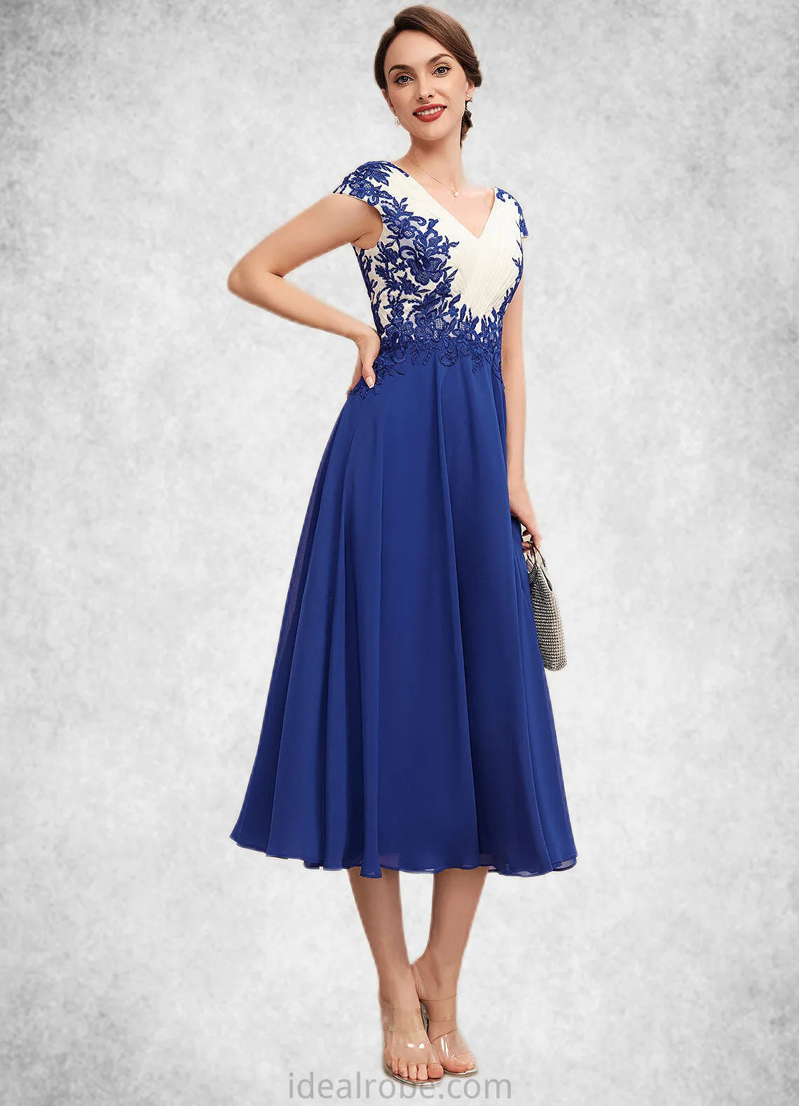 Mareli A-Line V-neck Tea-Length Chiffon Mother of the Bride Dress With Ruffle Lace STK126P0014677